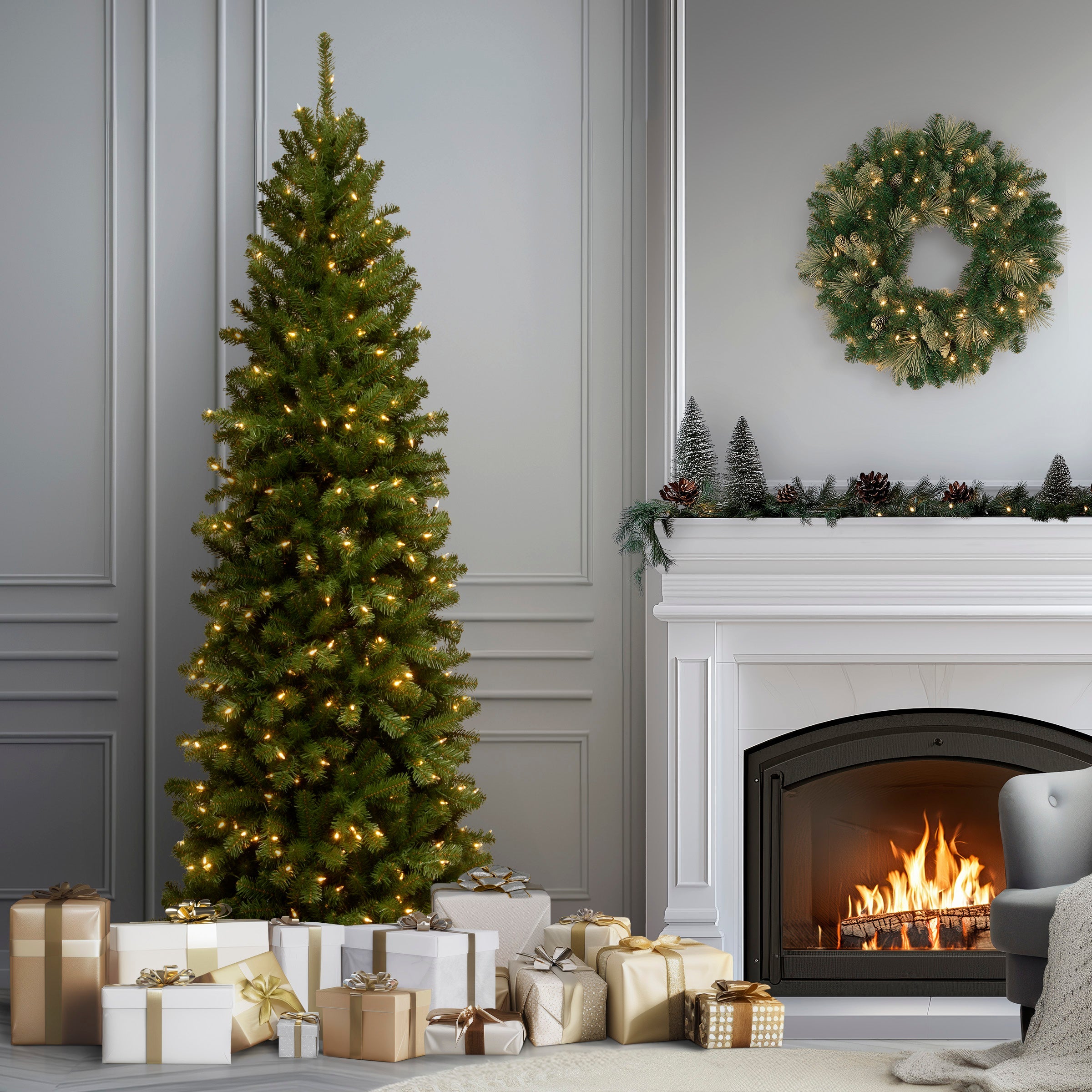 7.5 ft. Pre-Lit North Valley Spruce Pencil Slim Tree with Clear Lights