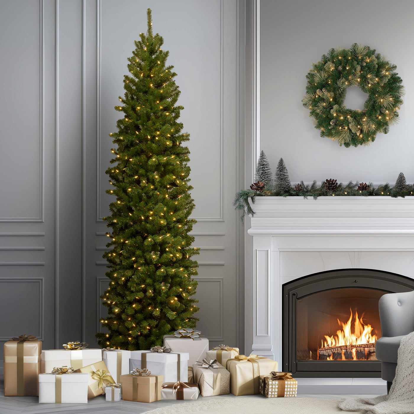 9 ft. Pre-Lit North Valley Spruce Pencil Slim Tree with Clear Lights