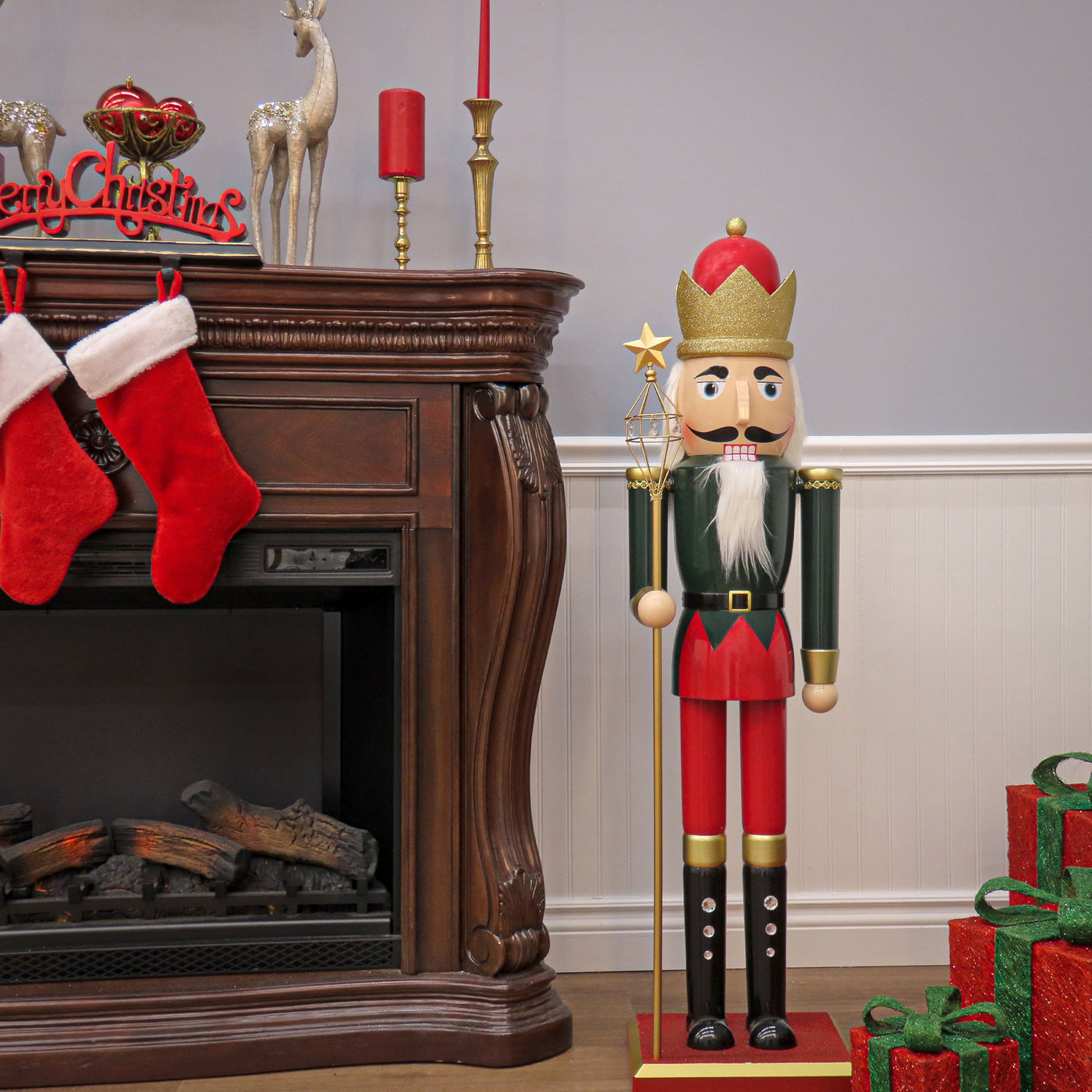 48 in. Red and Gold Christmas Nutcracker with Glittered Gold Crown Helmet