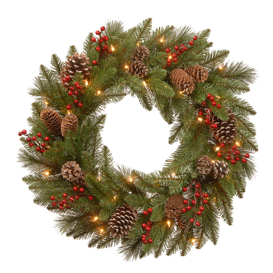 24 in. Pre-Lit Bristle Berry Wreath with LED Lights