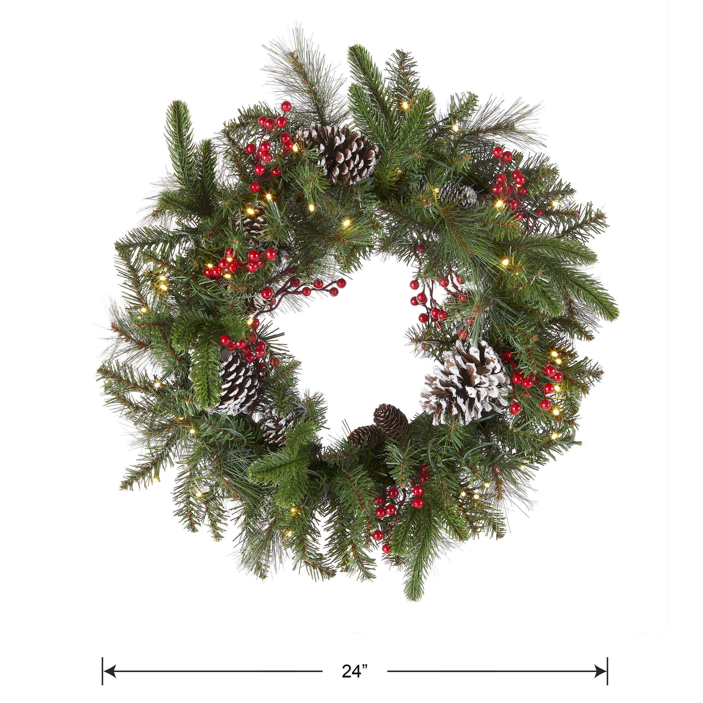 24 in. Pre-Lit Bristle Berry Wreath with LED Lights