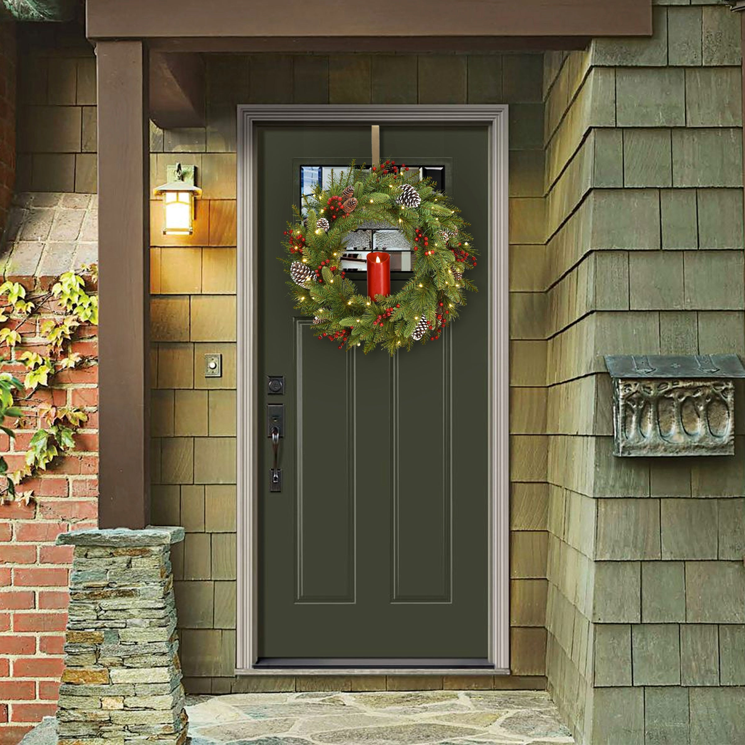 24 in. Pre-Lit Bristle Berry Wreath with Single Candle