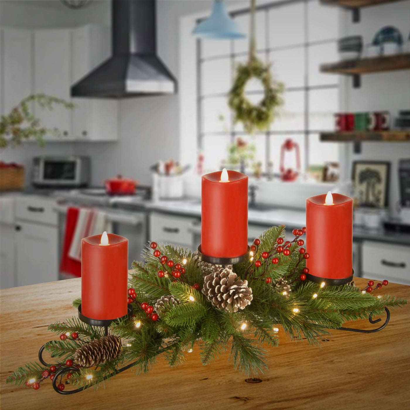 30 in. Pre-Lit Bristle Berry Candle Holder Centerpiece with LED lights