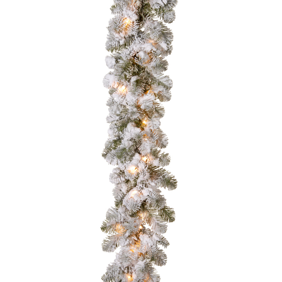 9 ft. Pre-Lit Snowy Camden Garland with Clear Lights