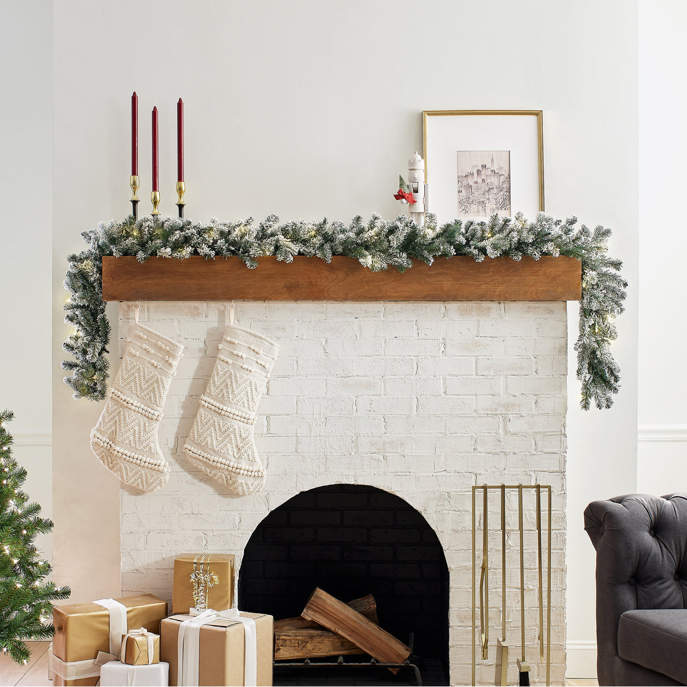 9 ft. Pre-Lit Snowy Camden Garland with Clear Lights