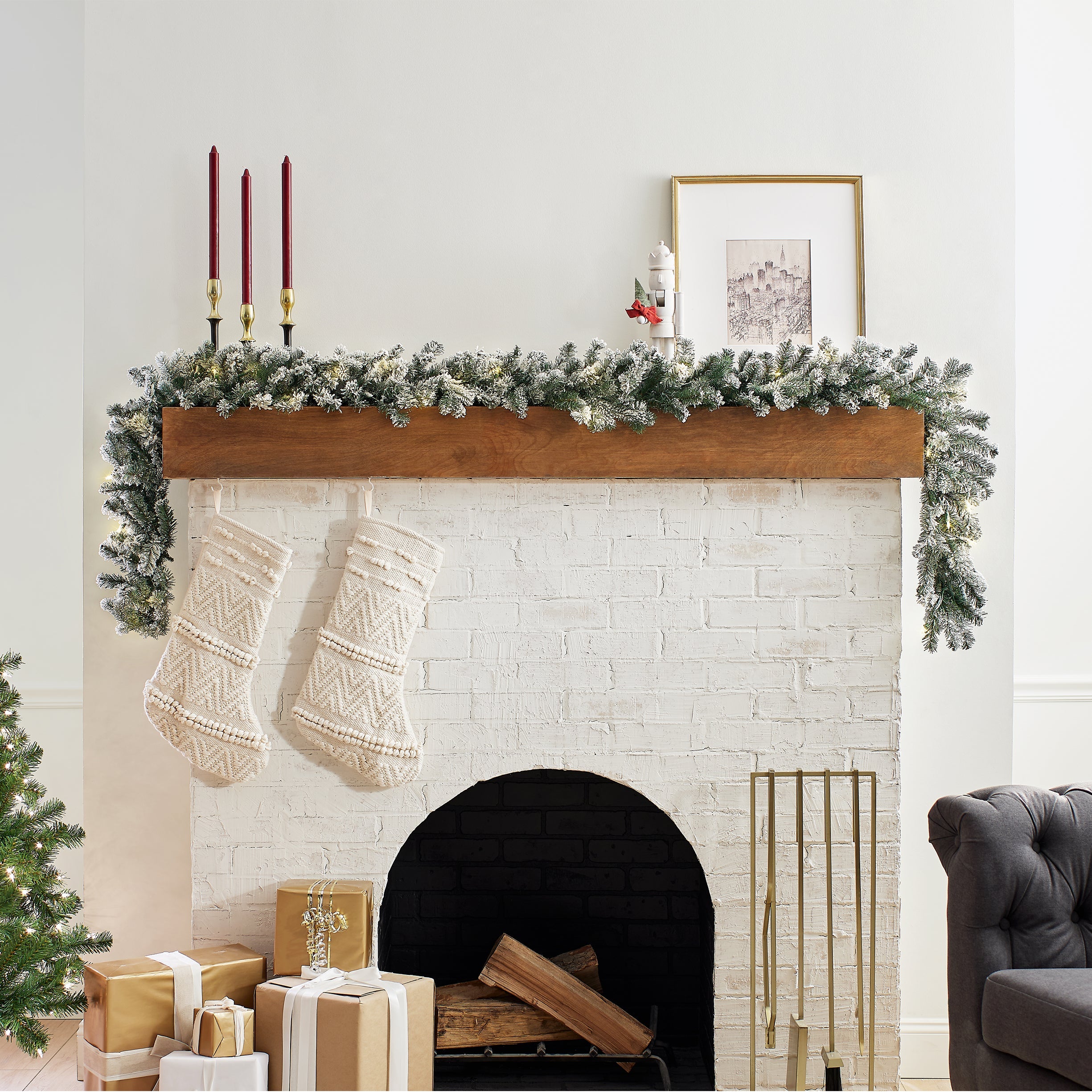 9 ft. Pre-Lit Snowy Camden Garland with Clear Lights