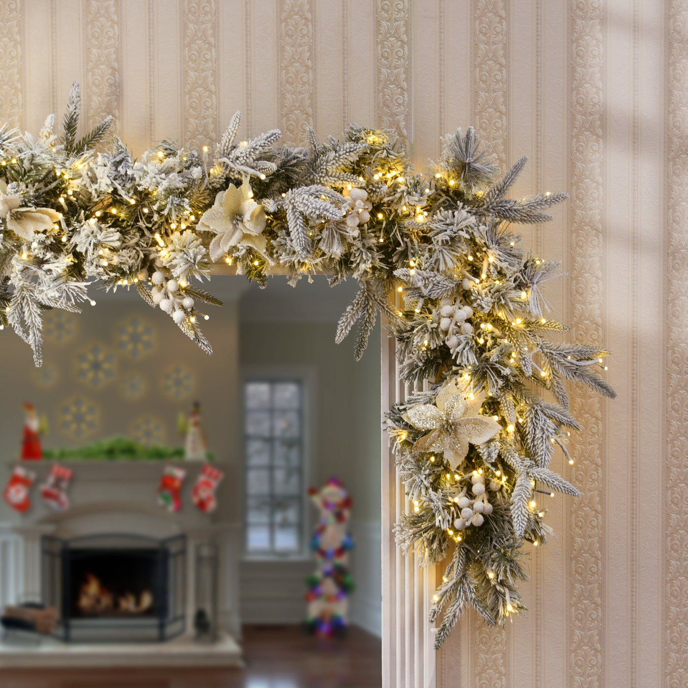6 ft. Pre-Lit Frosted Colonial Fir Garland with Dual Color LED Cosmic Lights