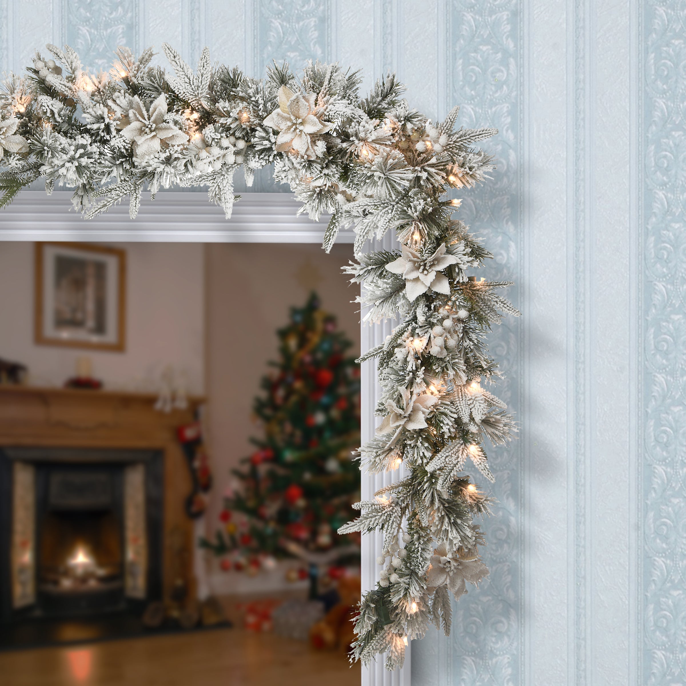 6 ft. Pre-Lit Frosted Colonial Fir Garland with Clear Lights