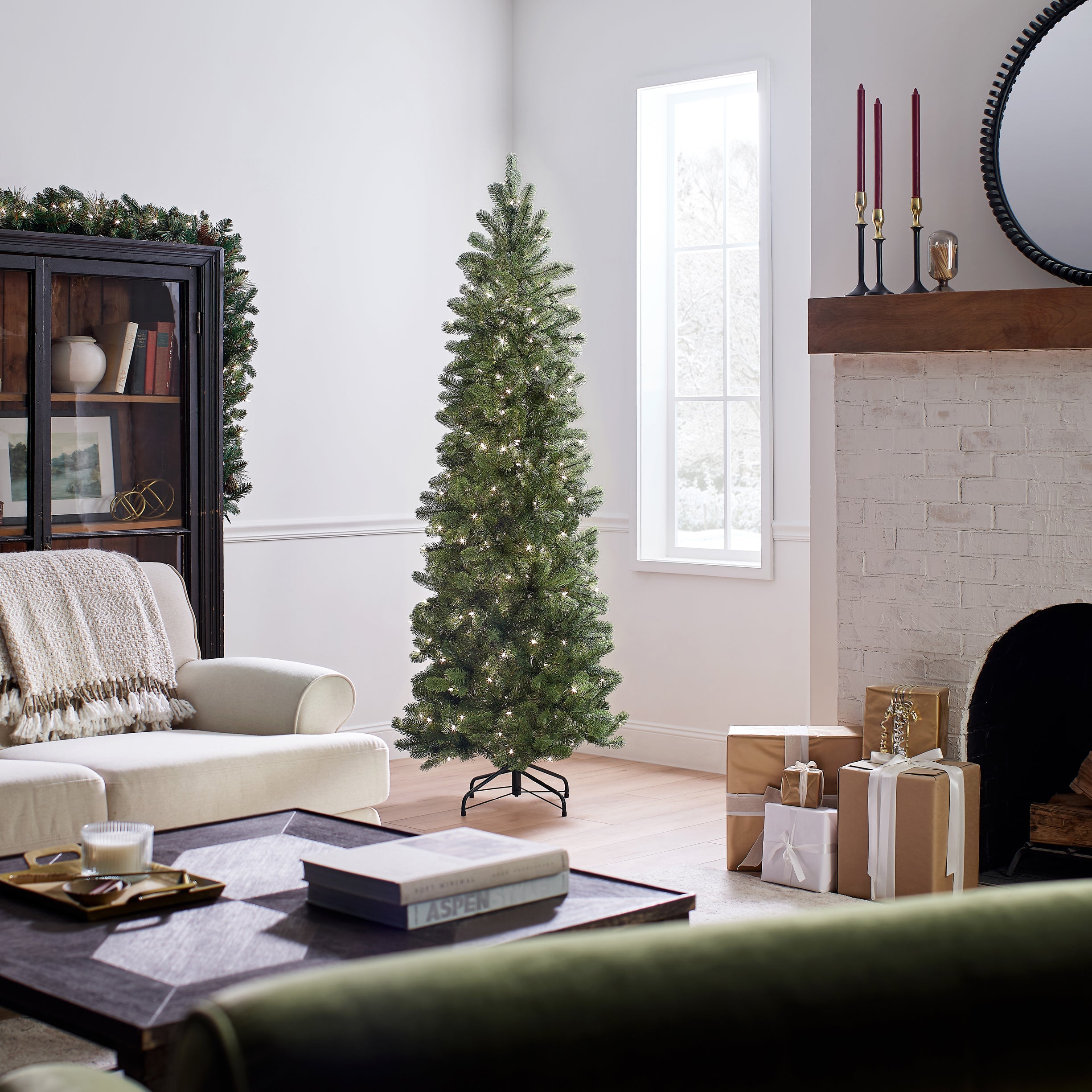 6.5 ft. Pre-Lit Downswept Douglas Fir Pencil Slim Tree with Clear Lights
