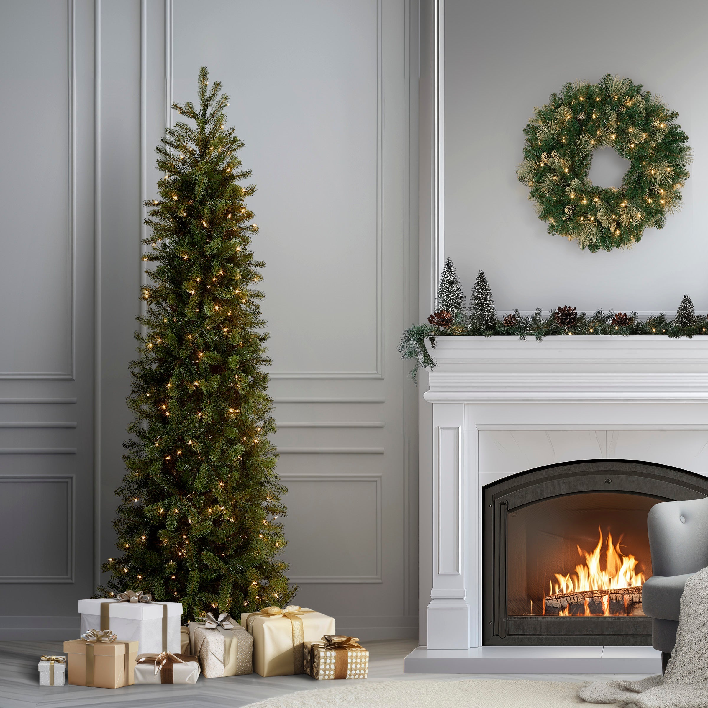 6.5 ft. Pre-Lit Downswept Douglas Fir Pencil Slim Tree with Clear Lights