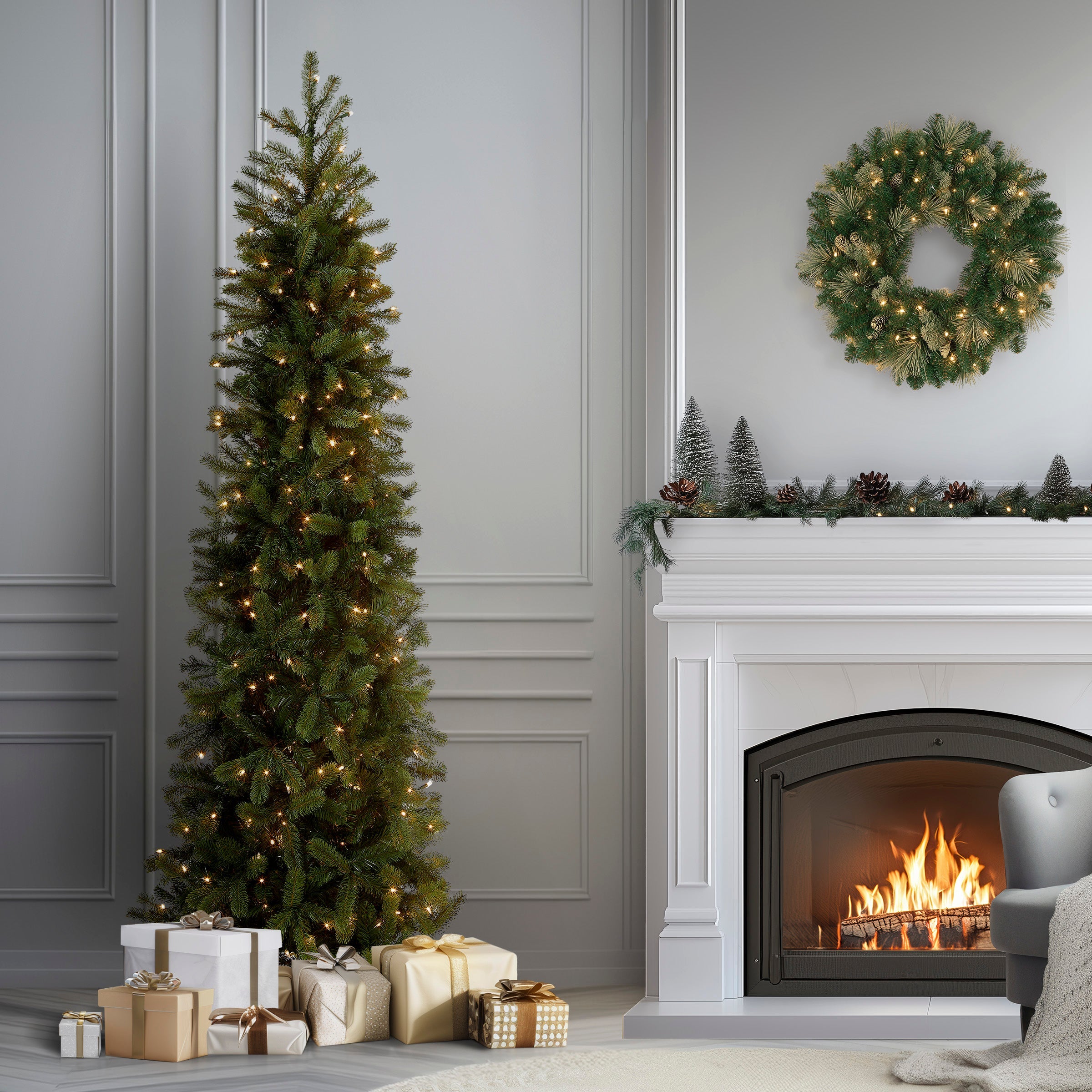 7.5 ft. Pre-Lit Downswept Douglas Fir Pencil Slim Tree with Clear Lights
