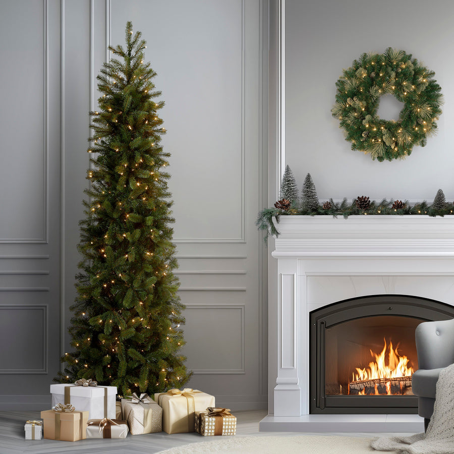 7.5 ft. Pre-Lit Downswept Douglas Fir Pencil Slim Tree with Clear Lights