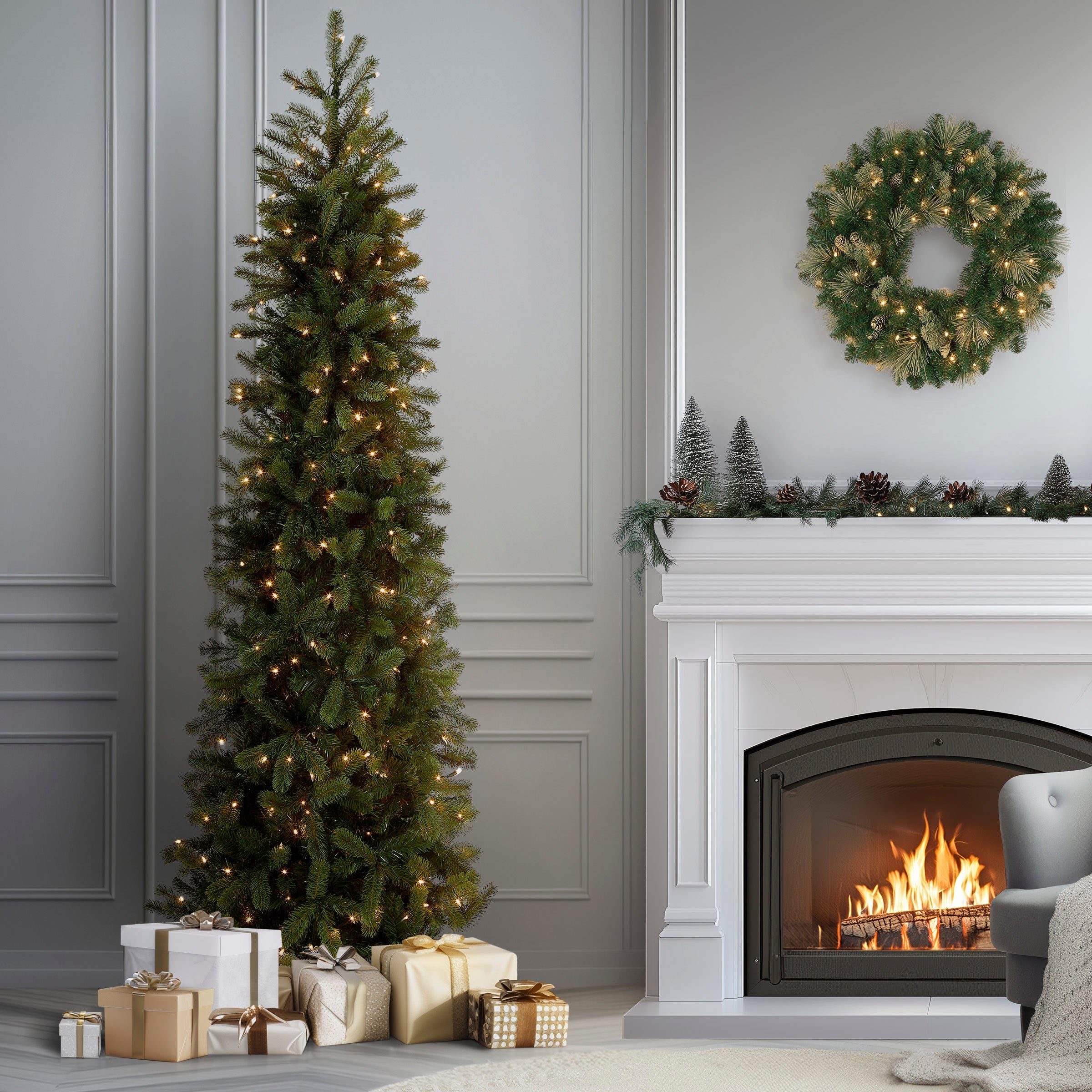 9 ft. Pre-Lit Downswept Douglas Fir Pencil Slim Tree with Clear Lights