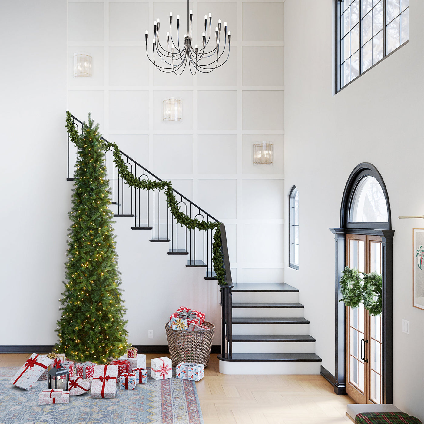 12 ft. Pre-Lit Downswept Douglas Fir Pencil Slim Tree with Dual Color LED Lights