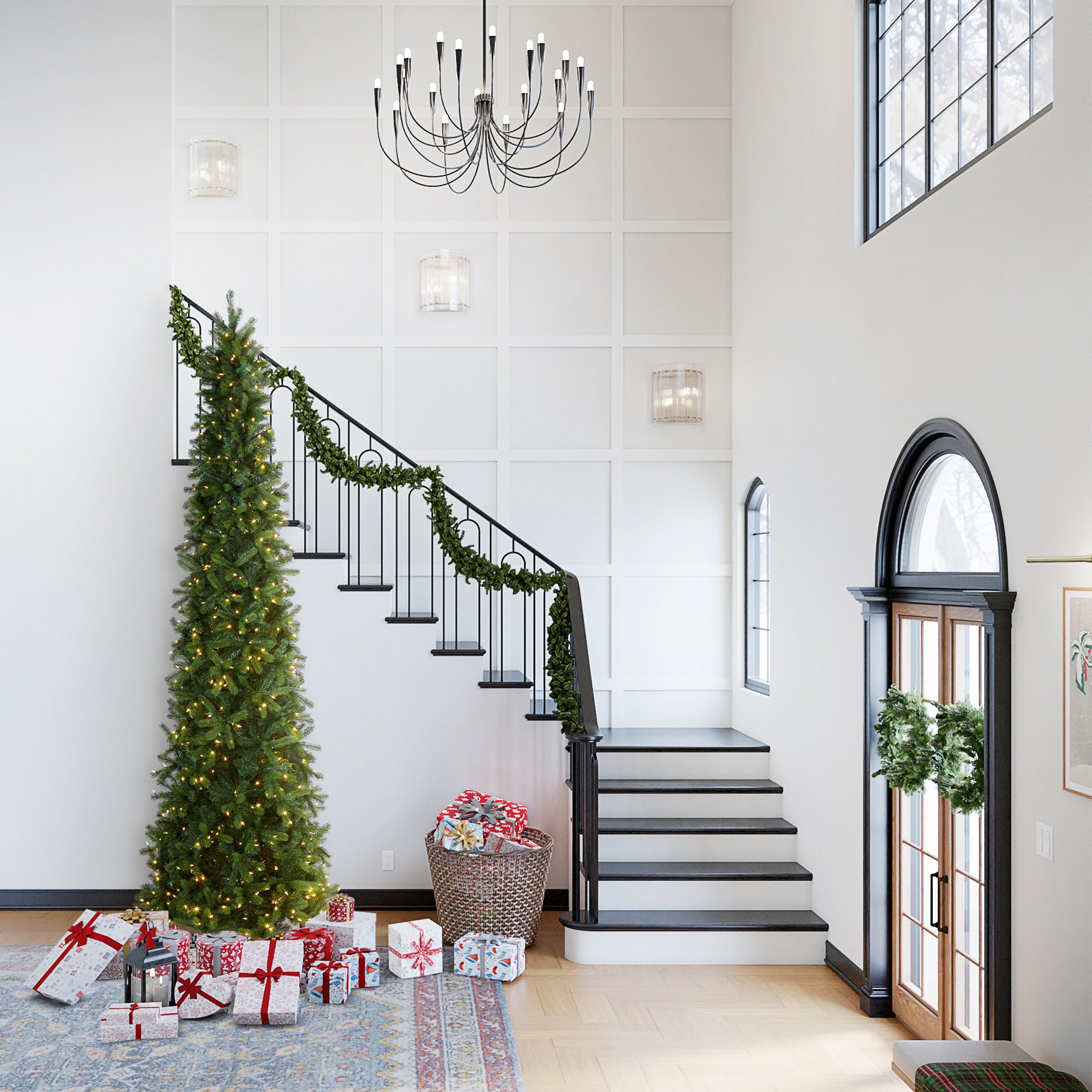 12 ft. Pre-Lit Downswept Douglas Fir Pencil Slim Tree with Dual Color LED Lights