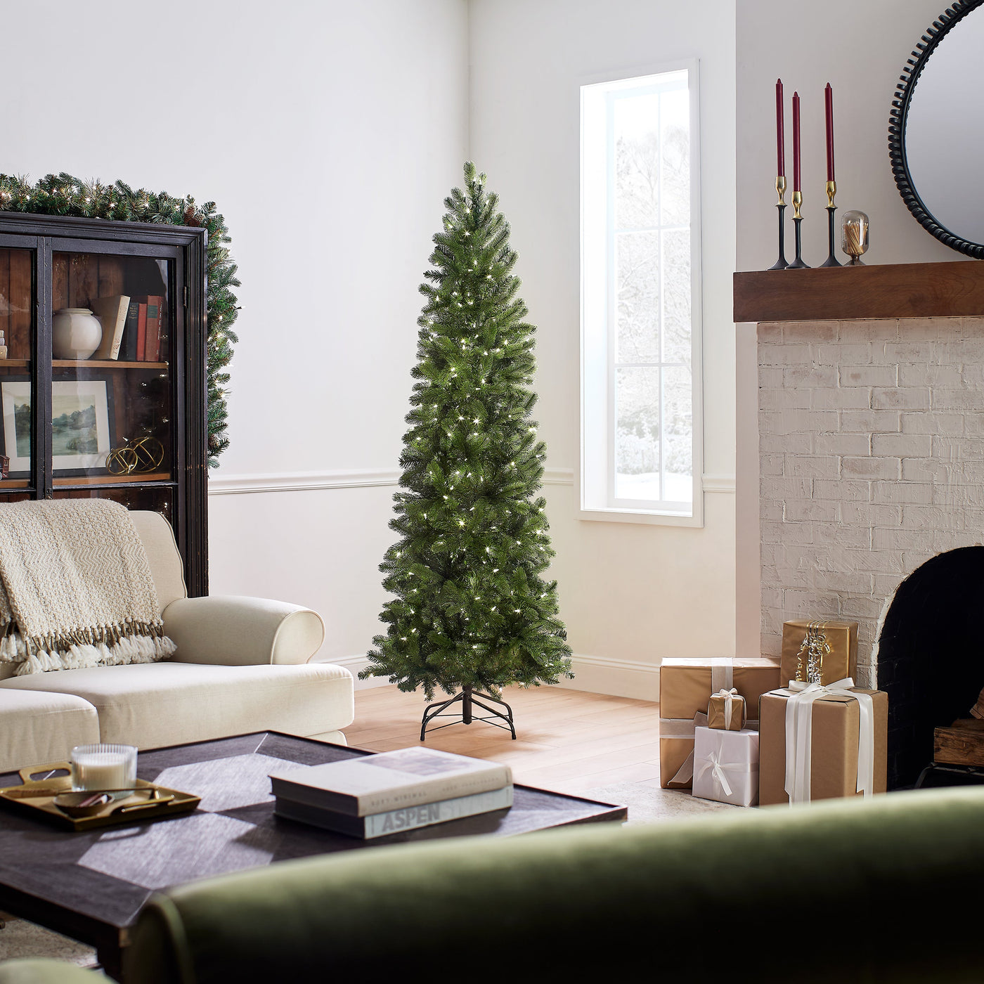 6.5 ft. Pre-Lit Downswept Douglas Fir Pencil Slim Tree with Dual Color LED Lights