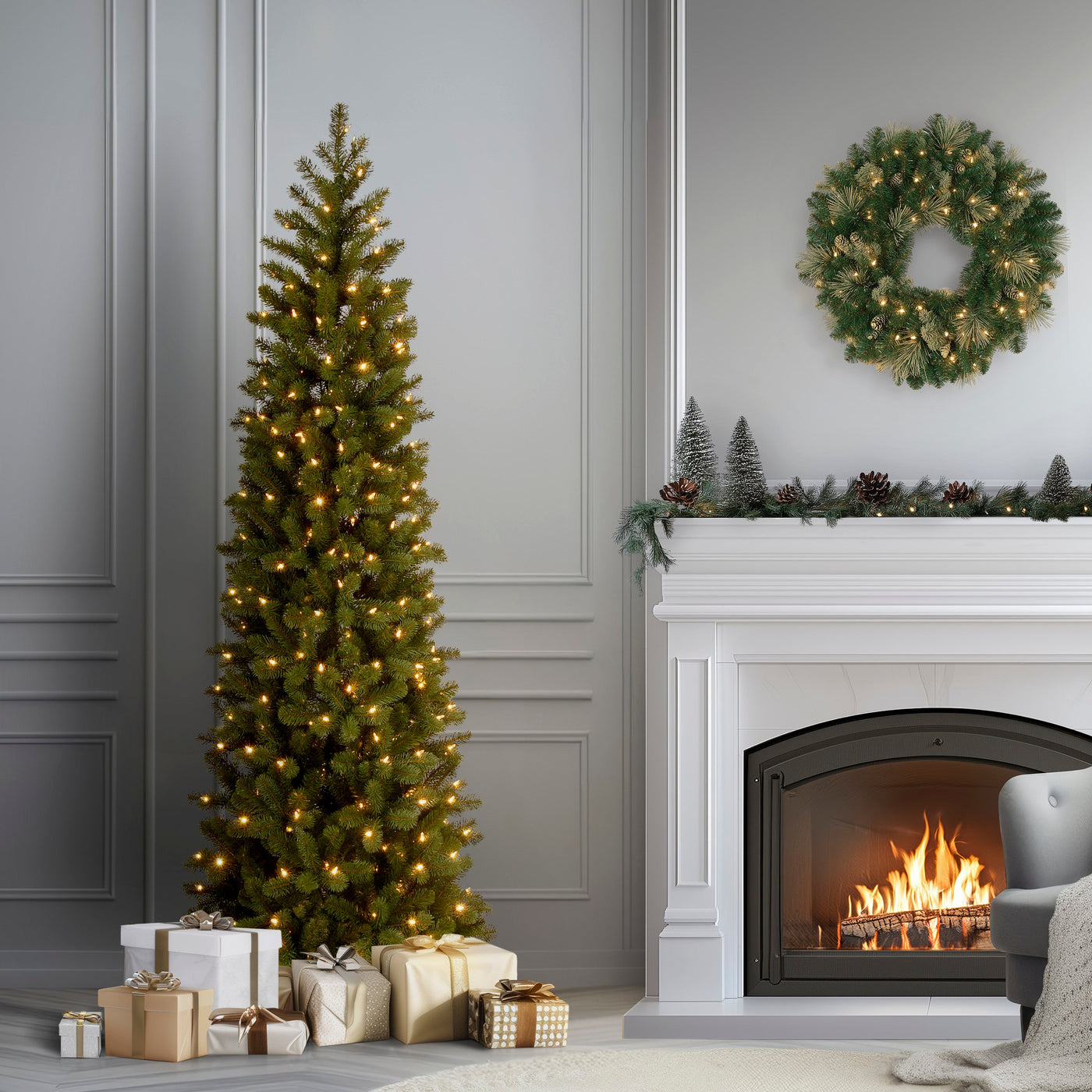 6.5 ft. Pre-Lit Downswept Douglas Fir Pencil Slim Tree with Dual Color LED Lights