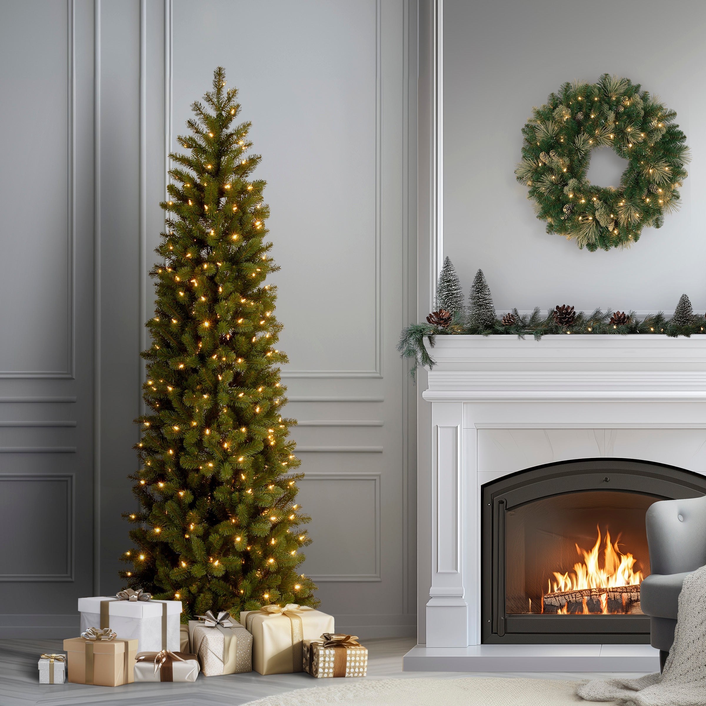 6.5 ft. Pre-Lit Downswept Douglas Fir Pencil Slim Tree with Dual Color LED Lights