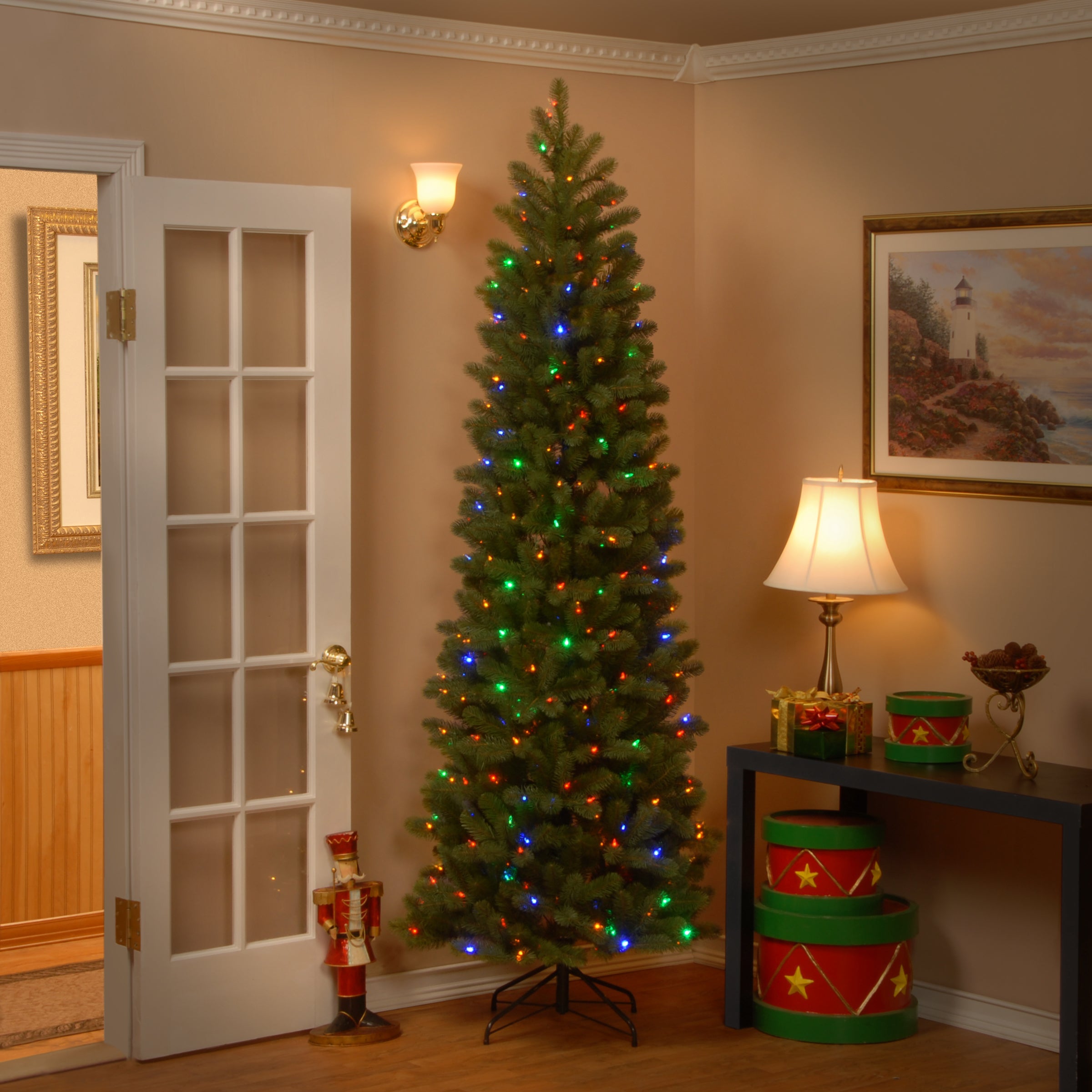7.5 ft. Pre-Lit Downswept Douglas Fir Pencil Slim Tree with Dual Color LED Lights