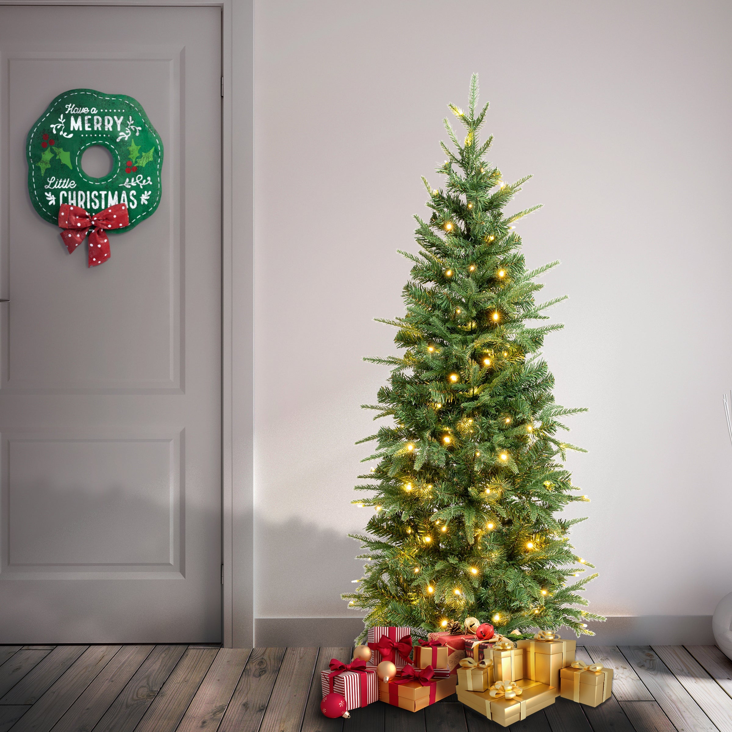 4.5 ft. Pre-Lit Duxbury Light Green Slim Tree with Warm White LED Lights