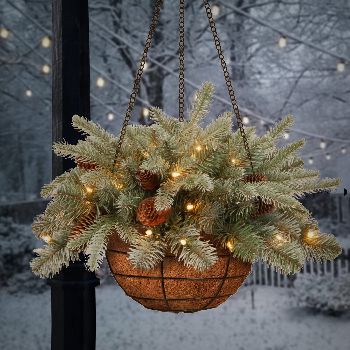 20 in. Pre-Lit Frosted Arctic Spruce Hanging Basket with Warm White LED Lights