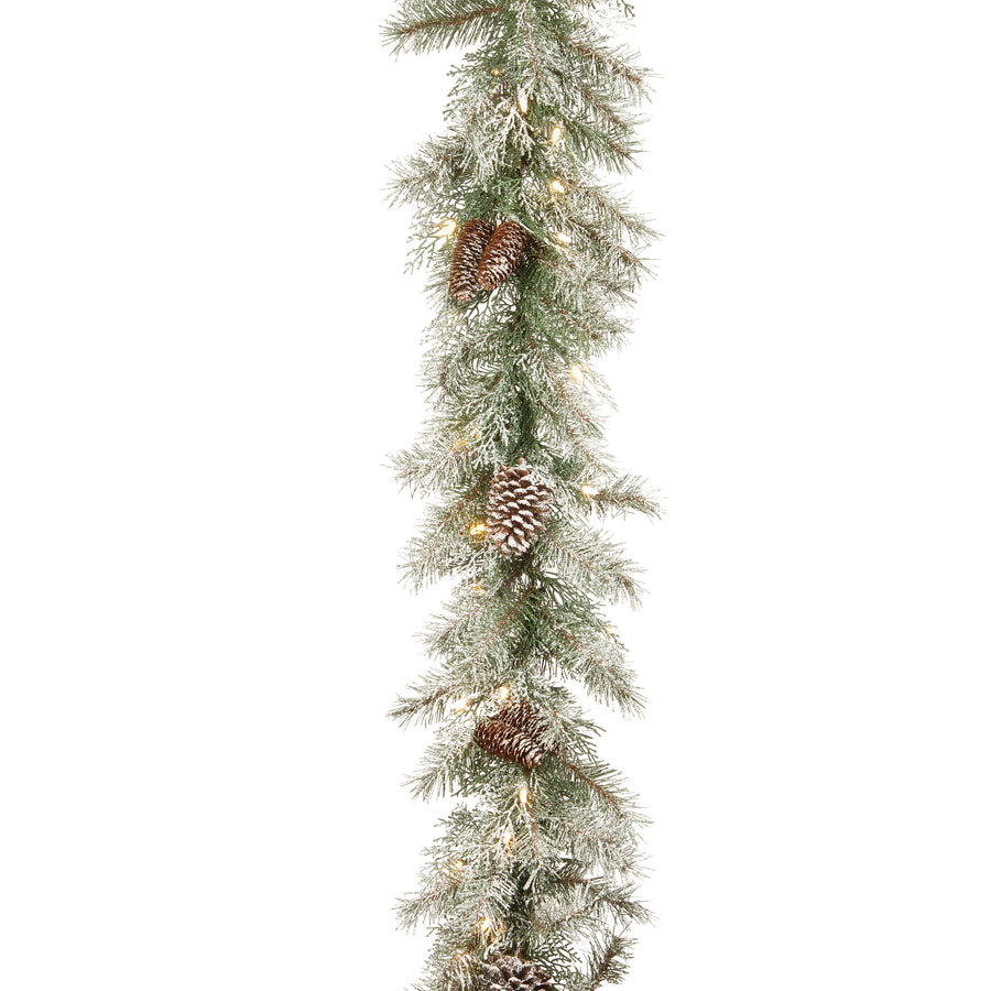 9 ft. Pre-Lit Frosted Mountain Spruce Garland with Clear Lights