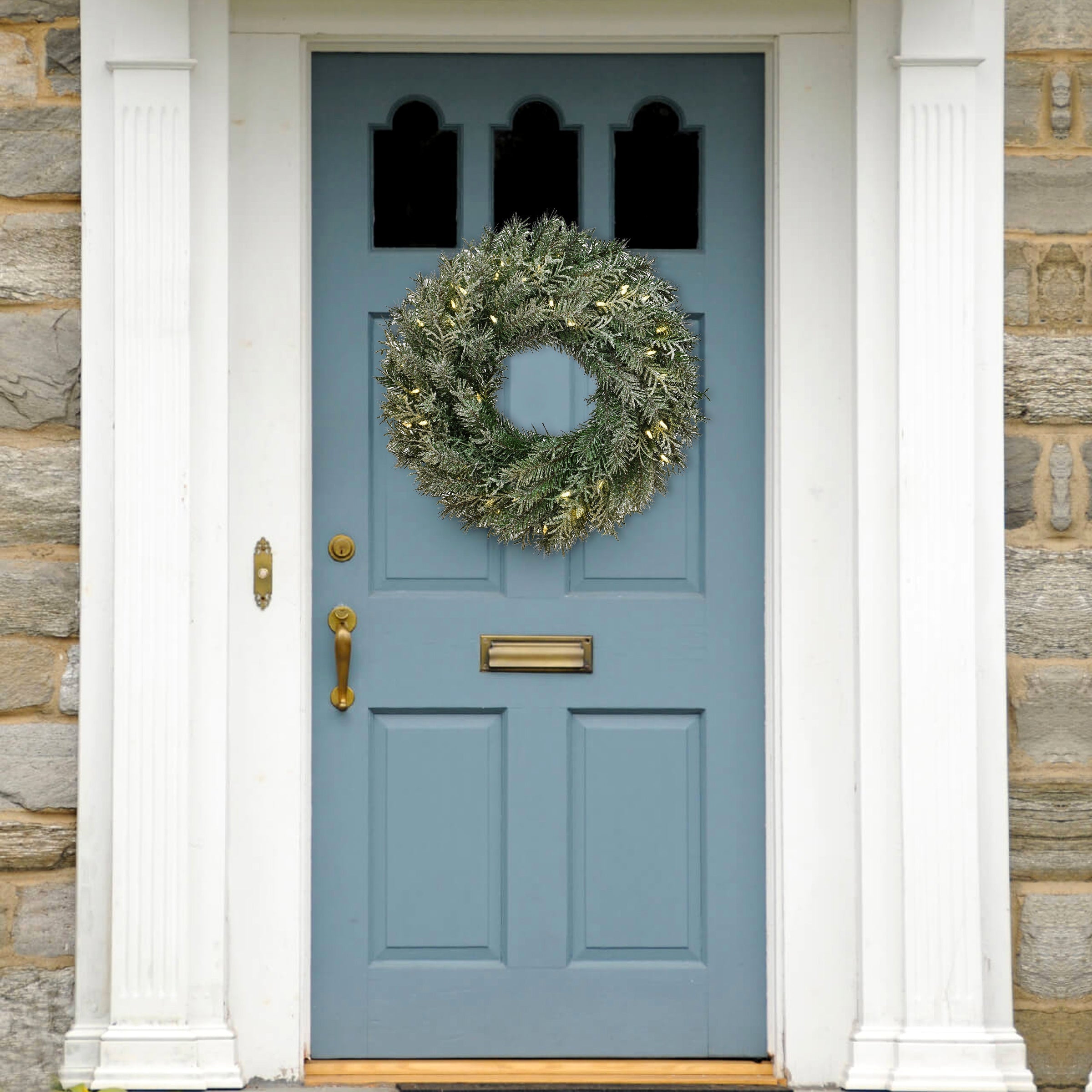 24 in. Pre-Lit Snowy Stonington Fir Wreath with LED Lights