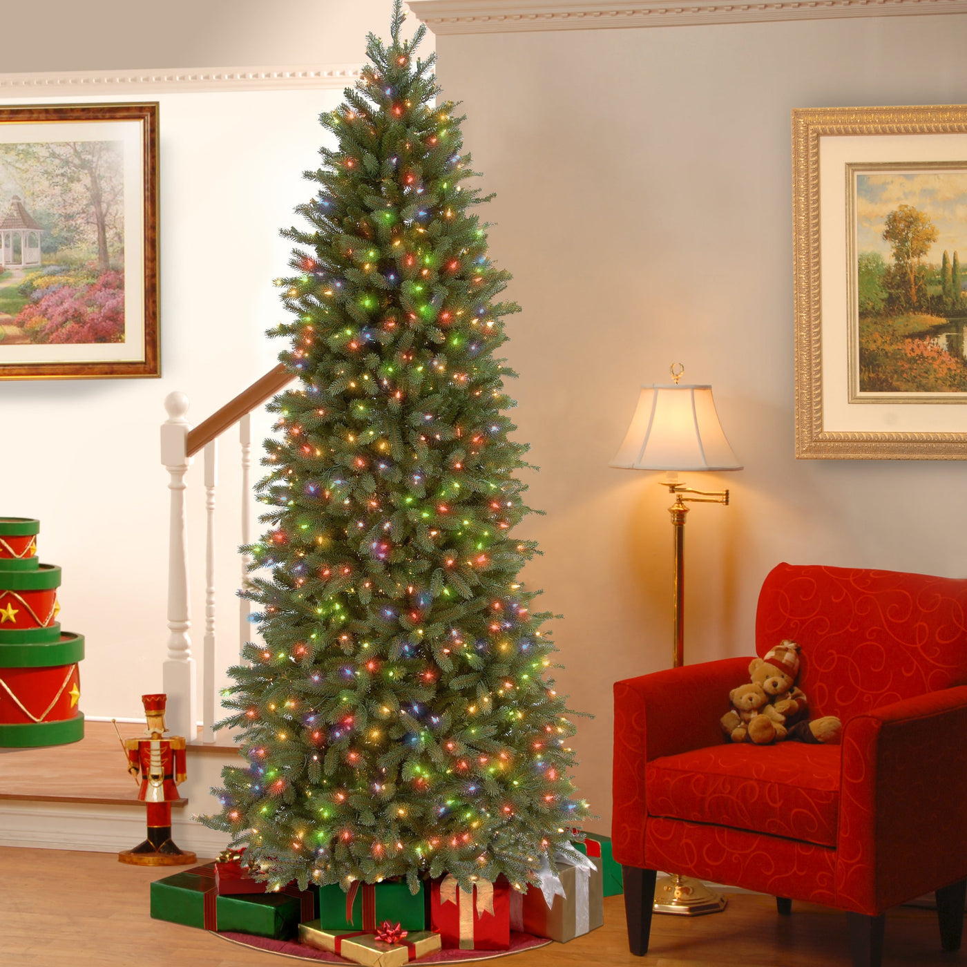 7.5 ft. Pre-Lit Jersey Fraser Fir Pencil Slim Tree with Multicolor Lights