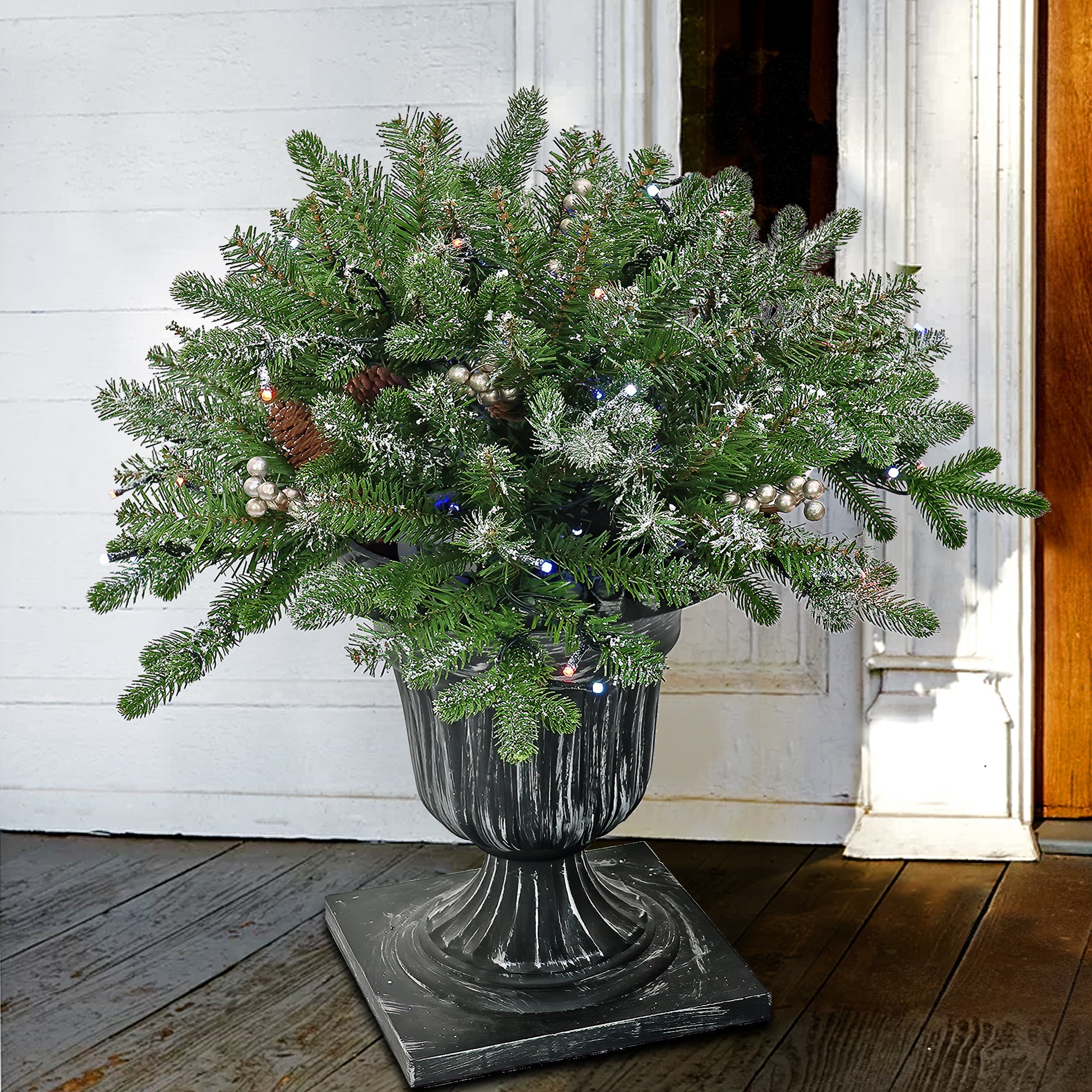 24 in. Pre-Lit Snowy Morgan Spruce Porch Bush with Twinkly LED Lights