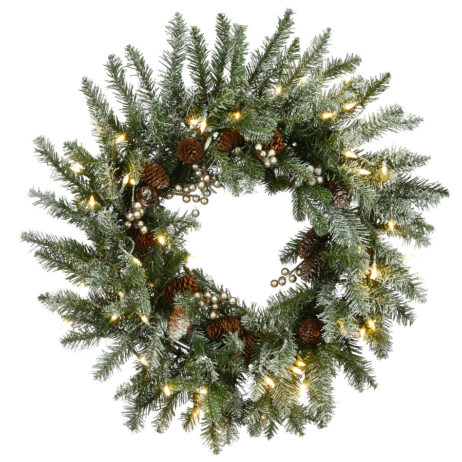 24 in. Pre-Lit Snowy Morgan Spruce Wreath with LED Lights