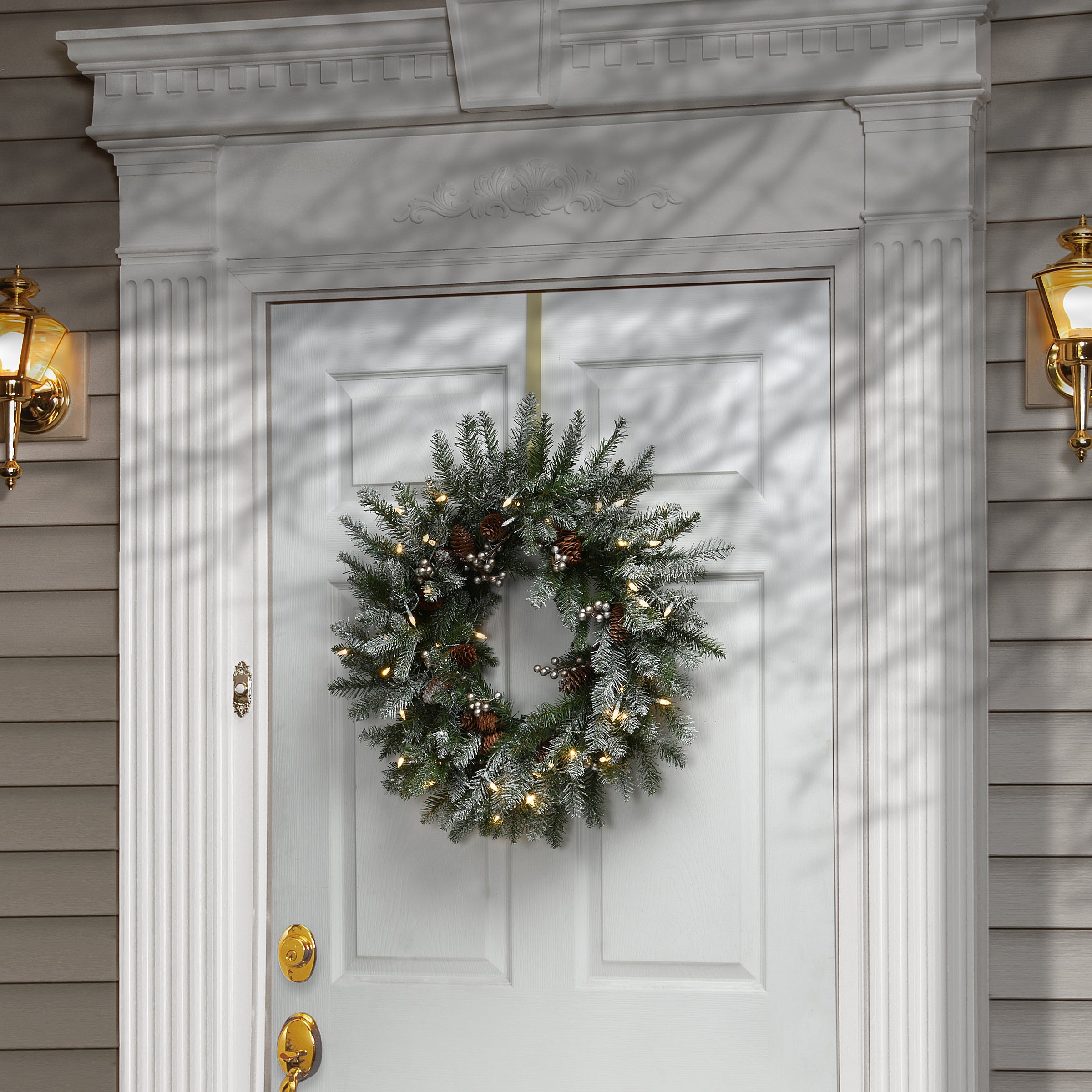 24 in. Pre-Lit Snowy Morgan Spruce Wreath with LED Lights
