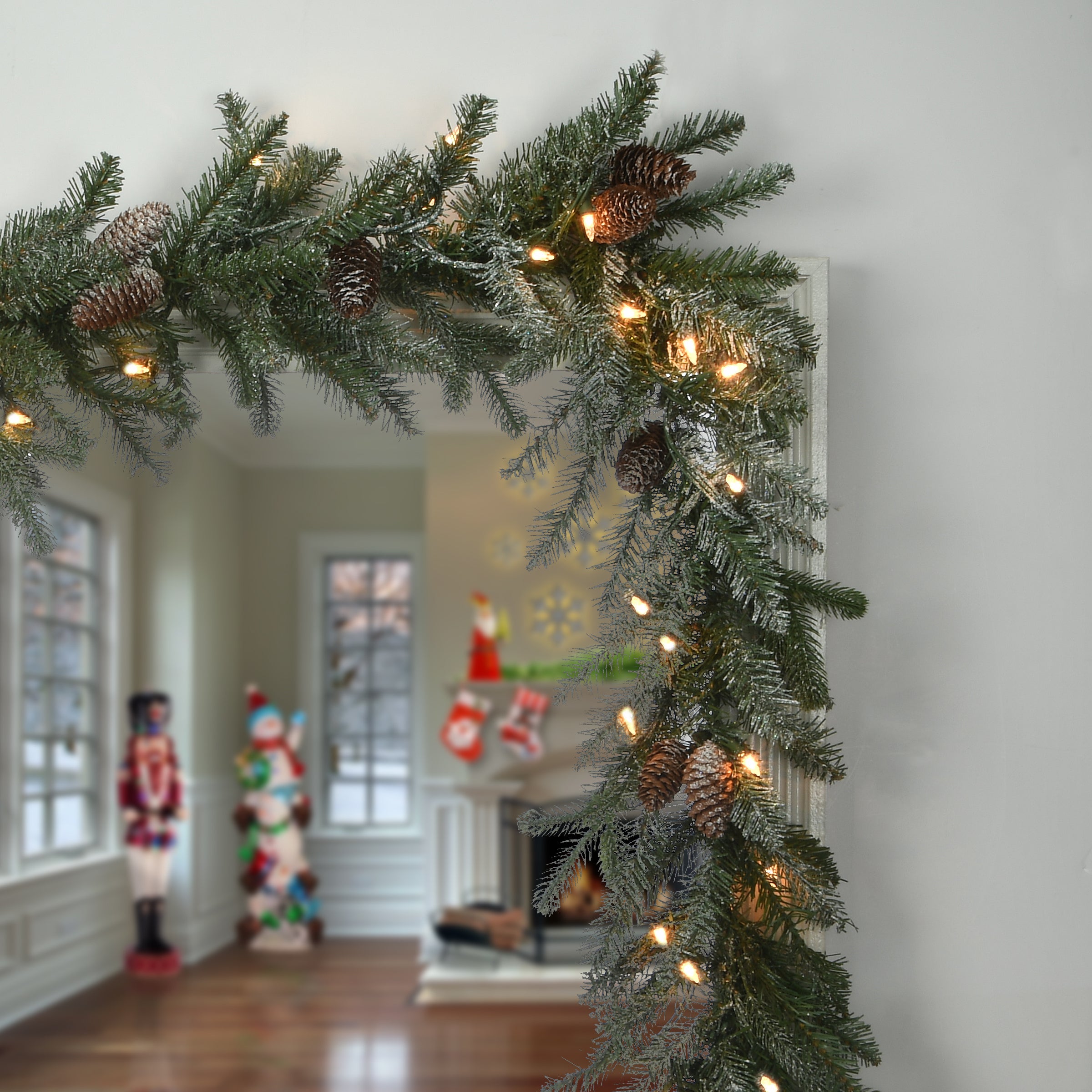 9 ft. Pre-Lit Snowy Morgan Spruce Garland with Clear Lights