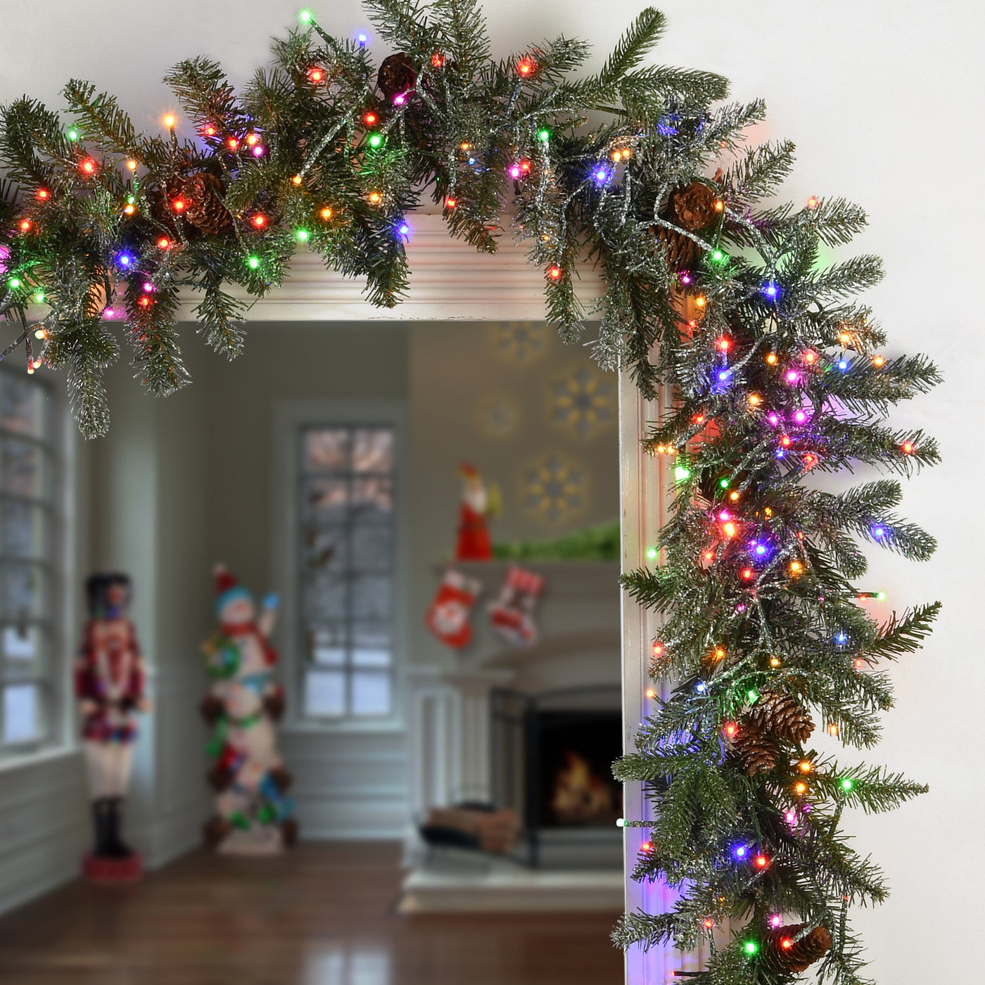 9 ft. Pre-Lit Snowy Morgan Spruce Garland with White Lights