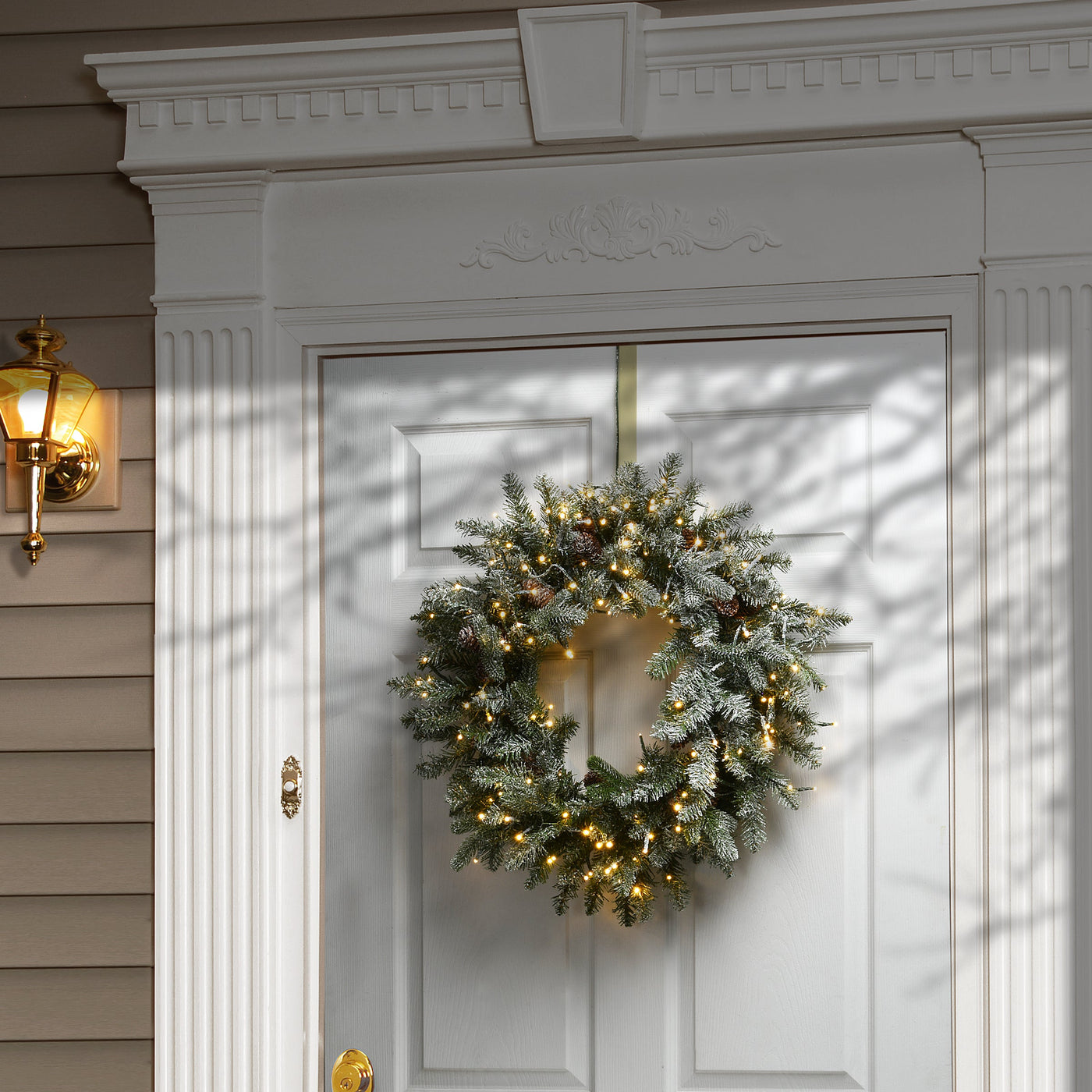 24 in. Pre-Lit Snowy Morgan Spruce Wreath with Dual Color LED Lights