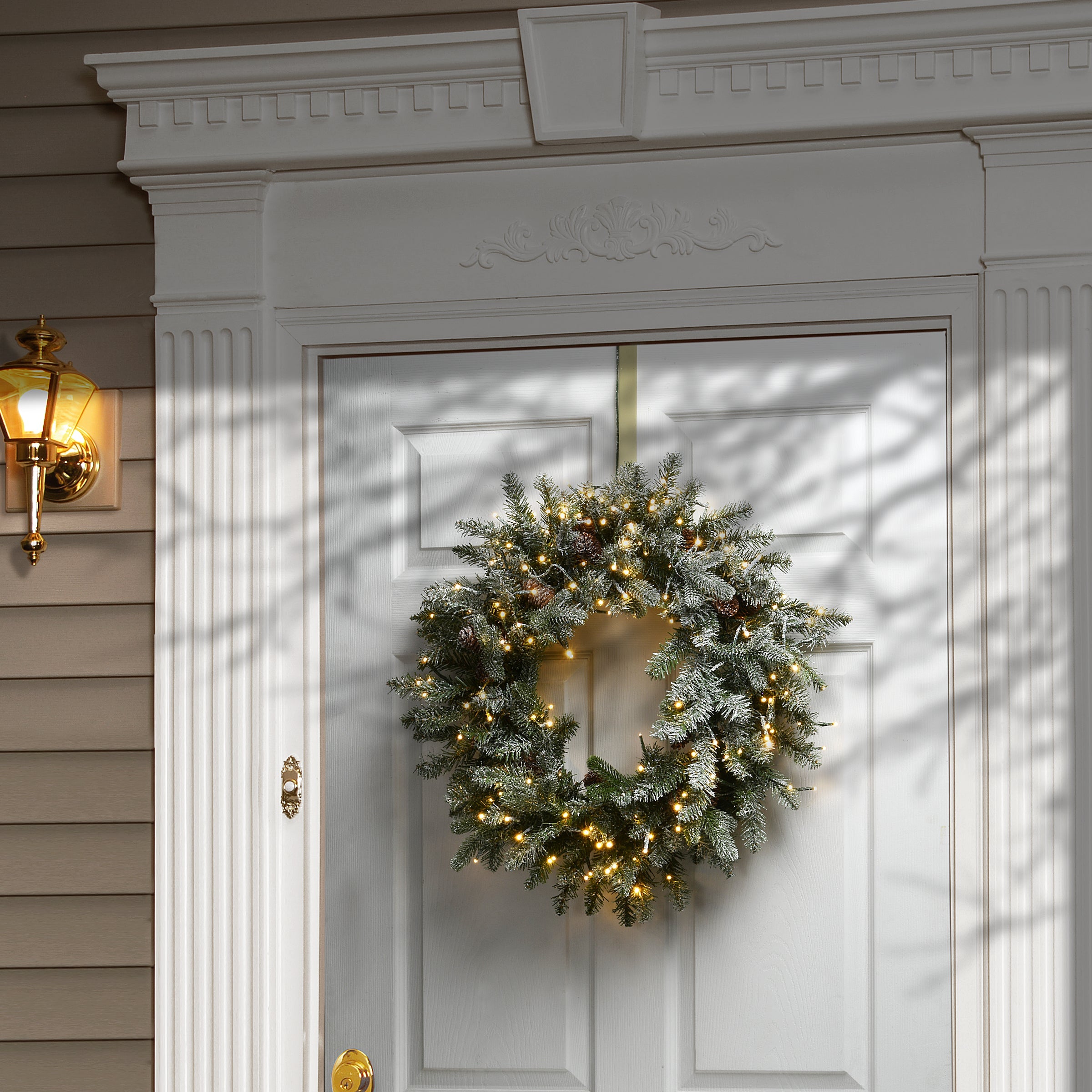 24 in. Pre-Lit Snowy Morgan Spruce Wreath with Dual Color LED Lights