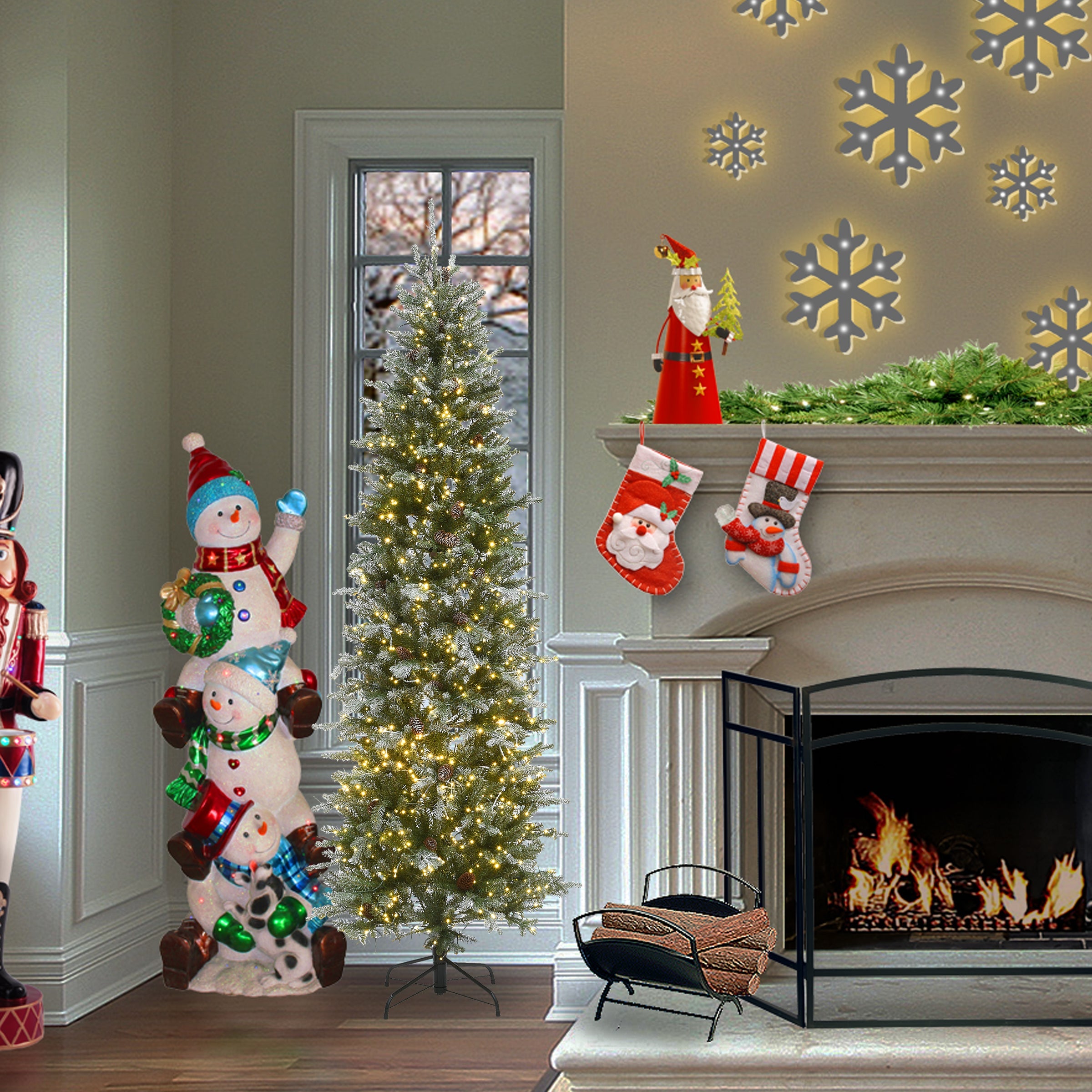7.5 ft. Pre-Lit Snowy Morgan Spruce Pencil Slim Tree with Dual Color LED Cosmic Lights