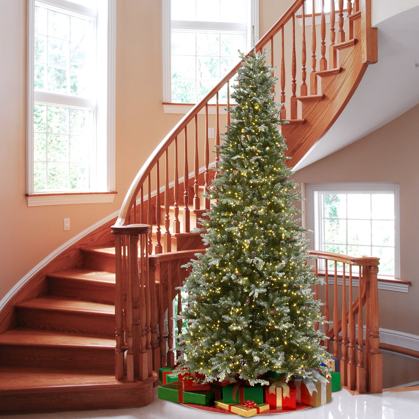 9 ft. Pre-Lit Snowy Morgan Spruce Slim Tree with Dual Color LED Cosmic Lights