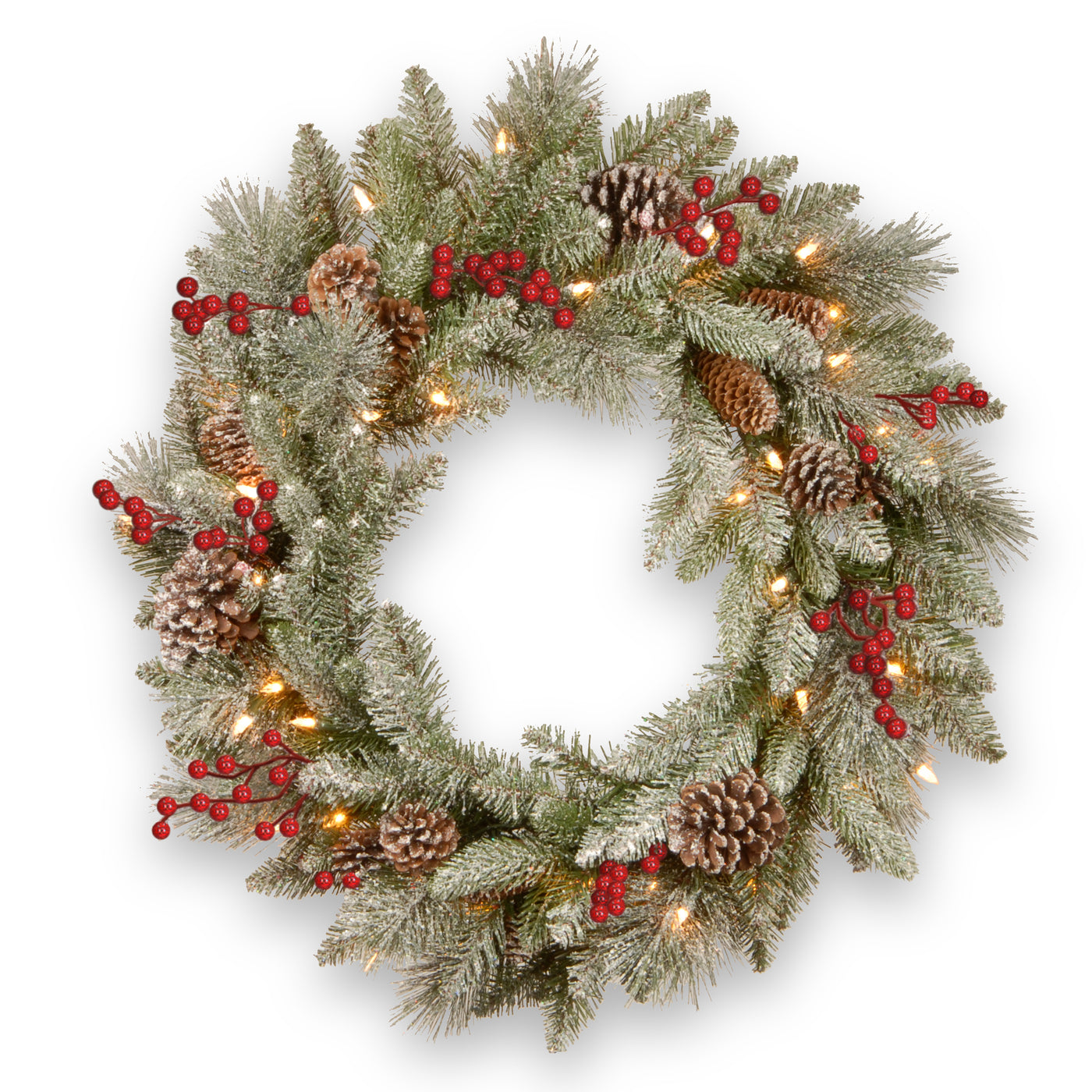 24 in. Pre-Lit Snowy Bristle Berry Wreath with LED Lights