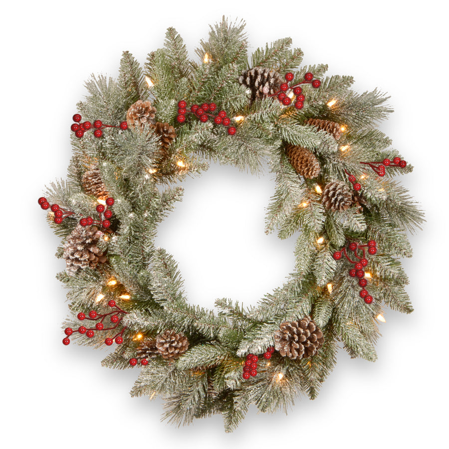 24 in. Pre-Lit Snowy Bristle Berry Wreath with LED Lights