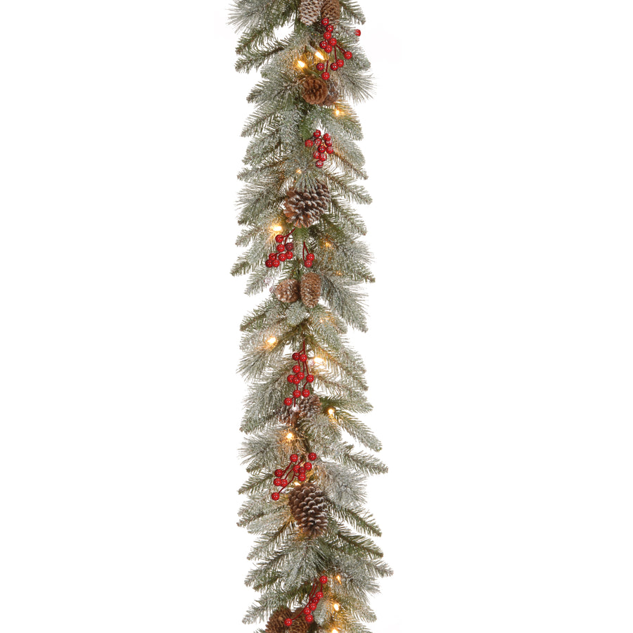 9 ft. Pre-Lit Snowy Bristle Berry Garland with Clear Lights