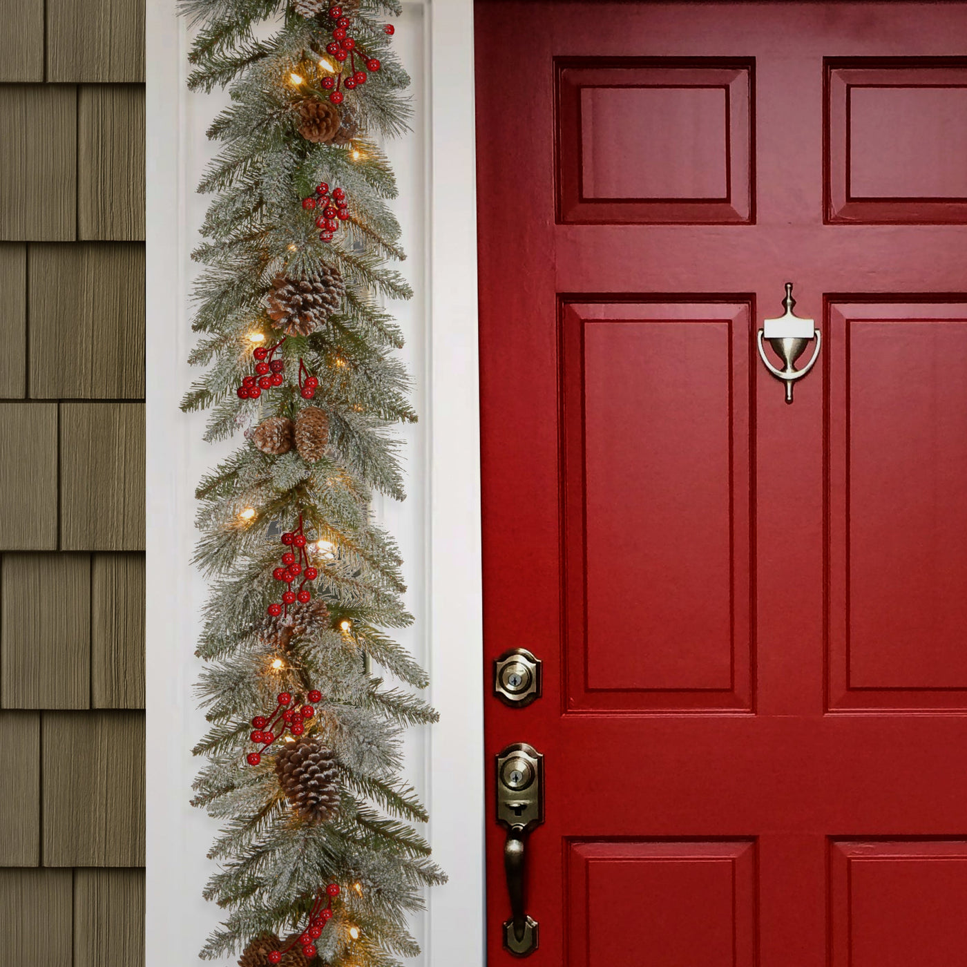 9 ft. Pre-Lit Snowy Bristle Berry Garland with Clear Lights