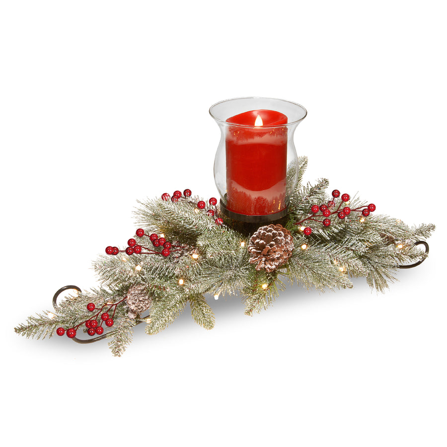 30 in. Pre-Lit Snowy Bristle Berry Candle Holder Centerpiece with LED lights