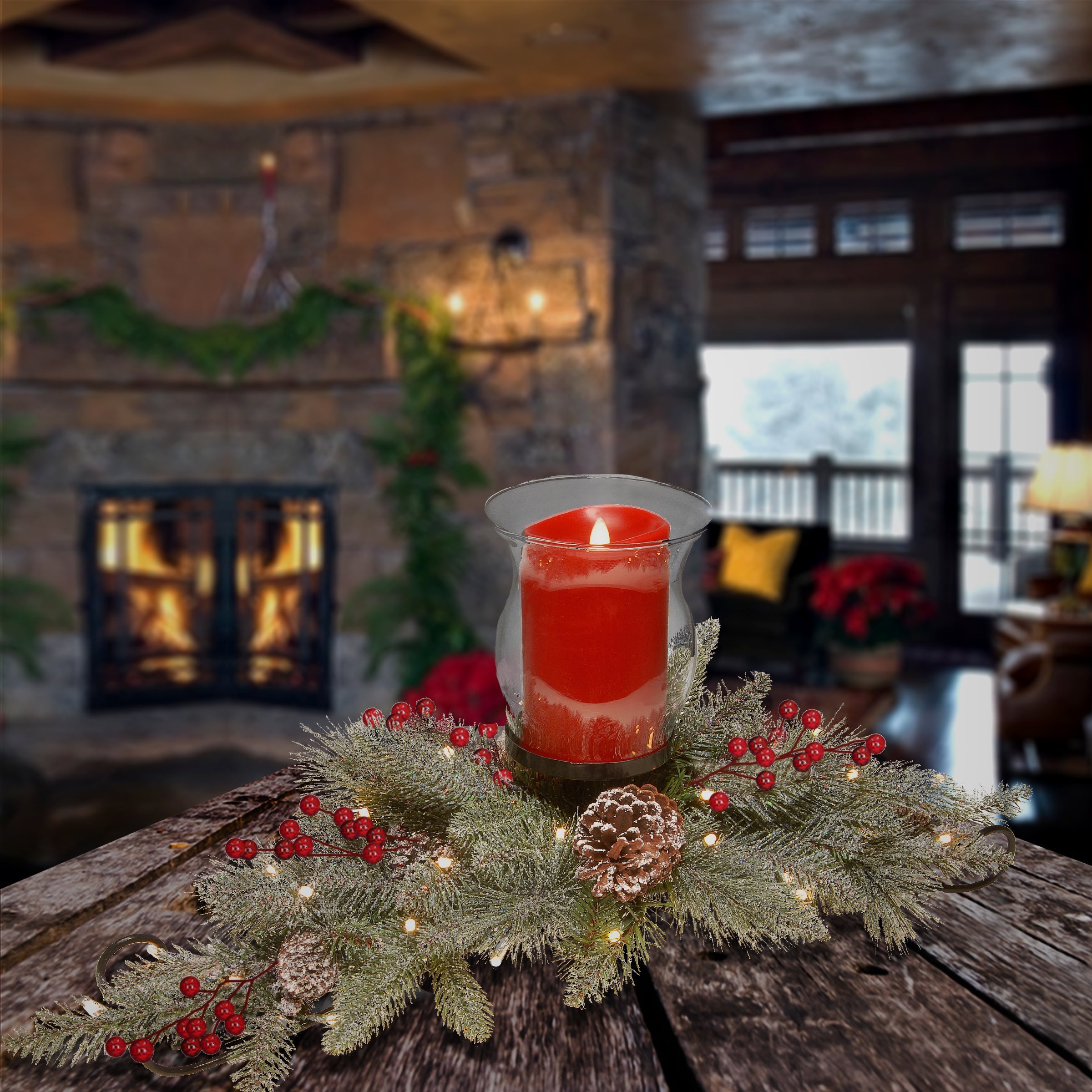 30 in. Pre-Lit Snowy Bristle Berry Candle Holder Centerpiece with LED lights