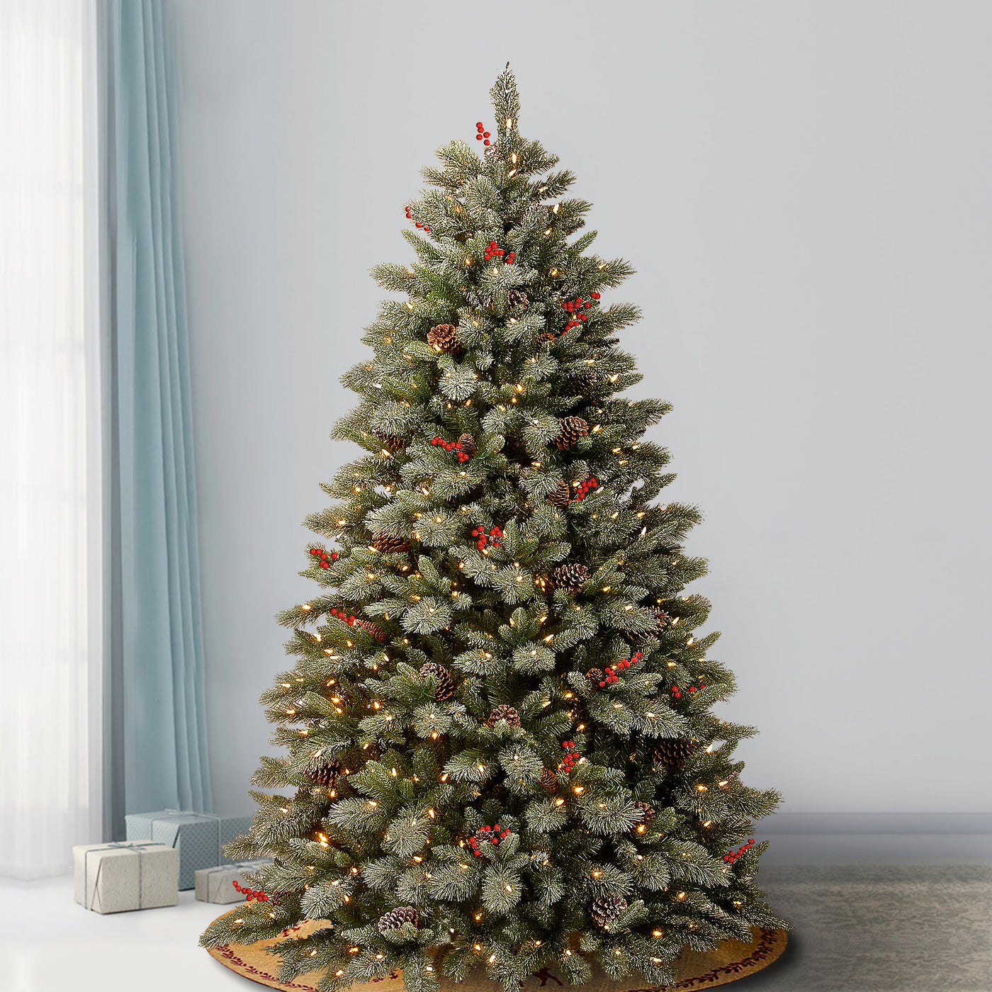 7.5 ft. Pre-Lit Snowy Bristle Berry Tree with PowerConnect Dual Color LED Lights