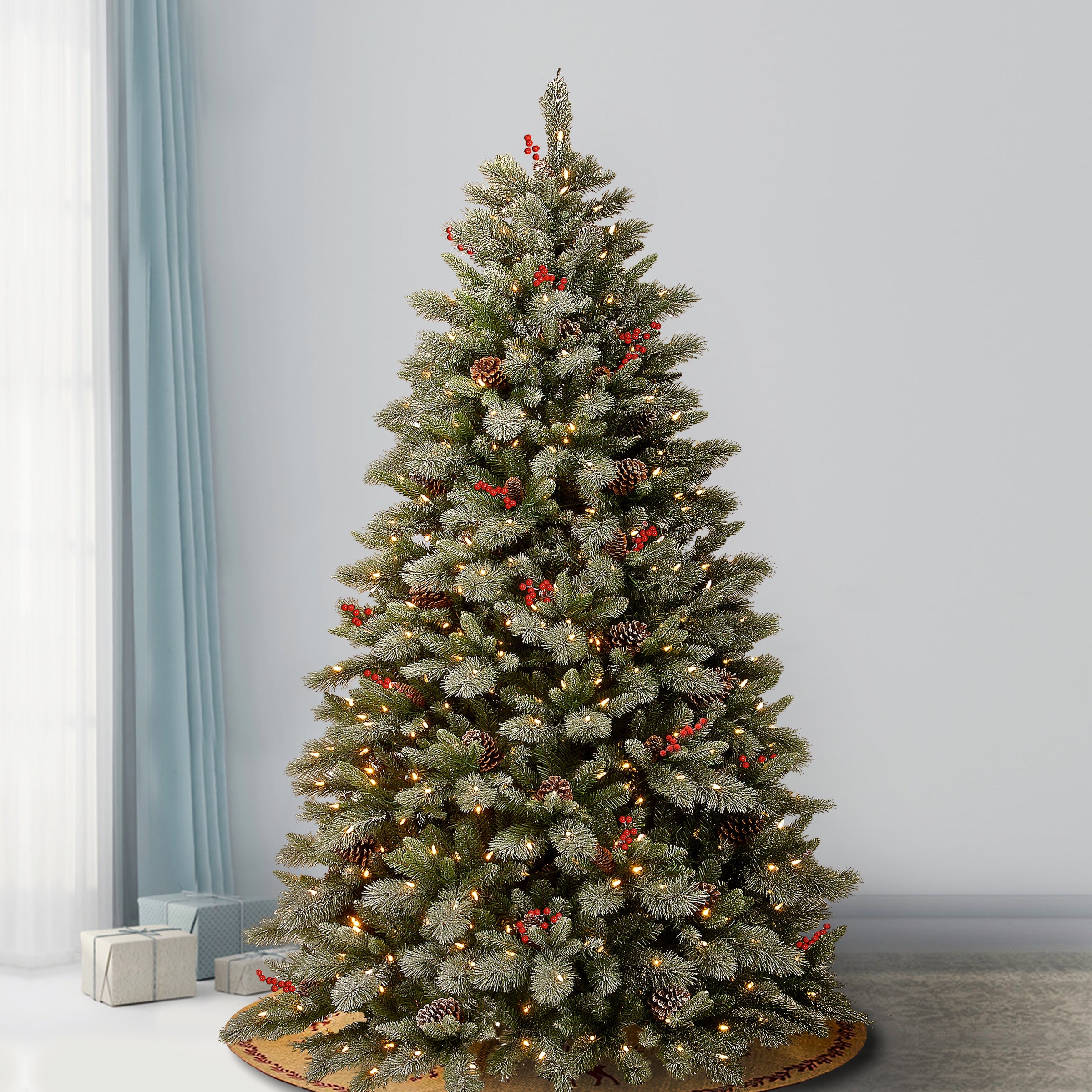 7.5 ft. Pre-Lit Snowy Bristle Berry Tree with PowerConnect Dual Color LED Lights