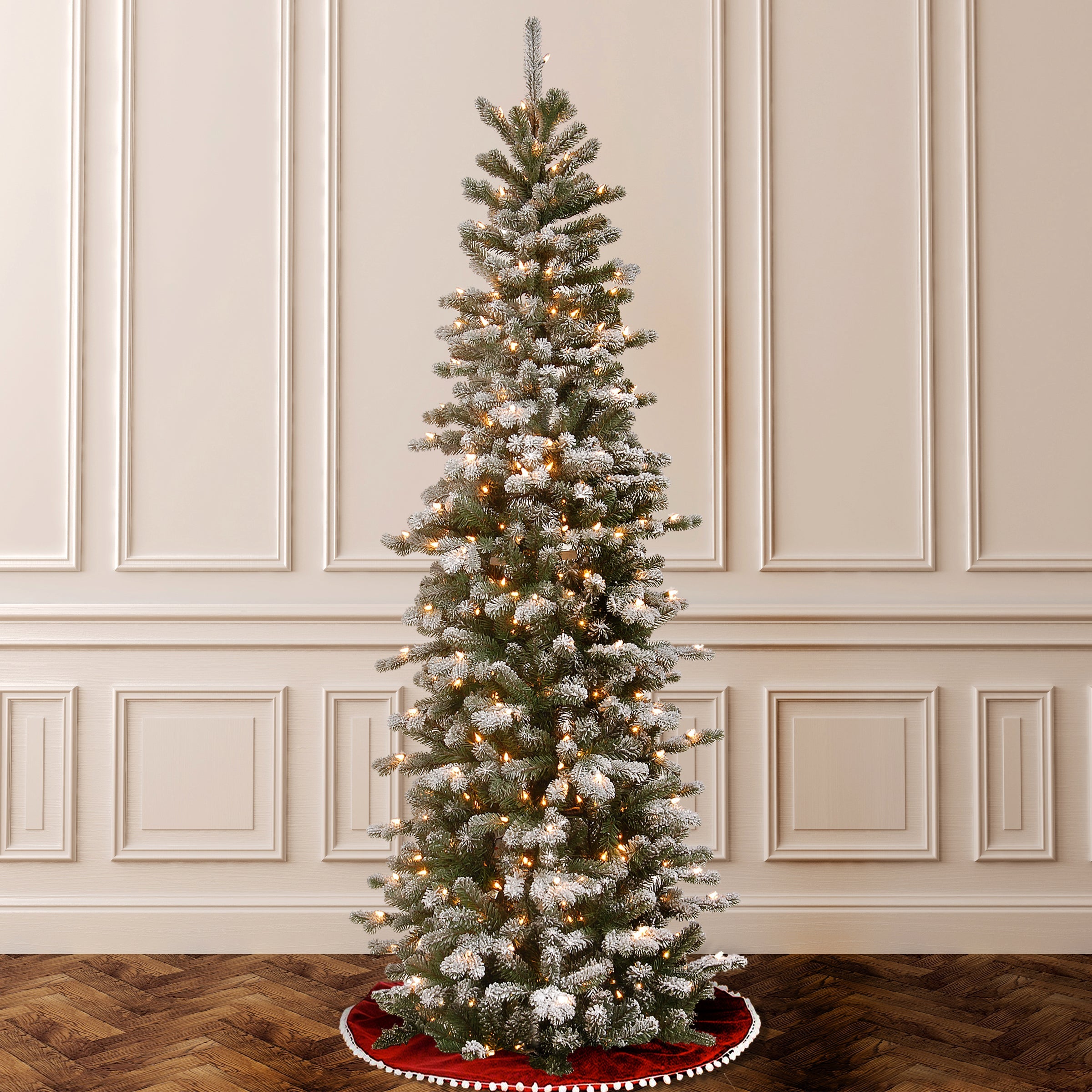 7.5 ft. Pre-Lit Snowy Sheffield Spruce Pencil Slim with PowerConnect Clear Lights