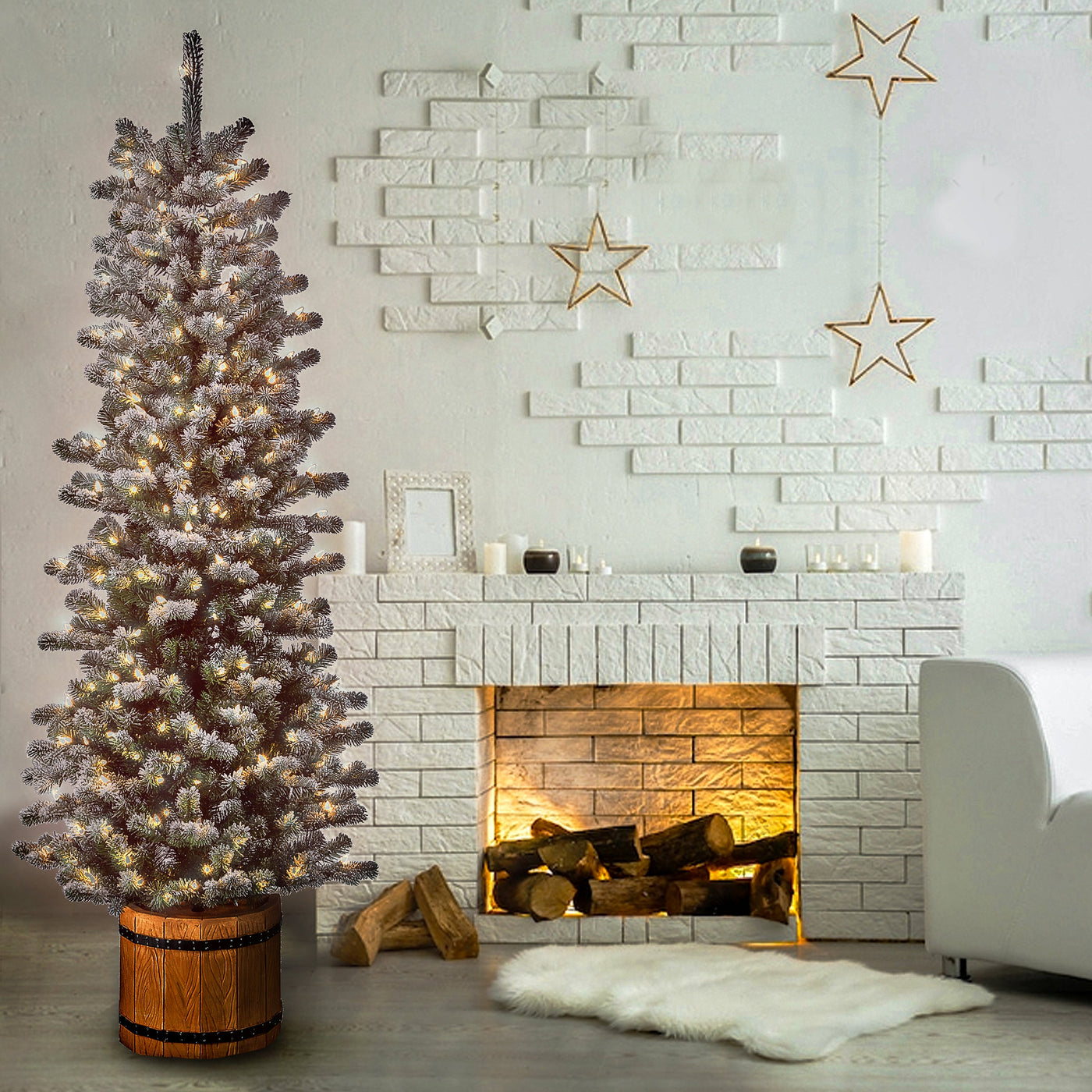6 ft. Pre-Lit Snowy Sheffield Spruce Slim with Clear Lights