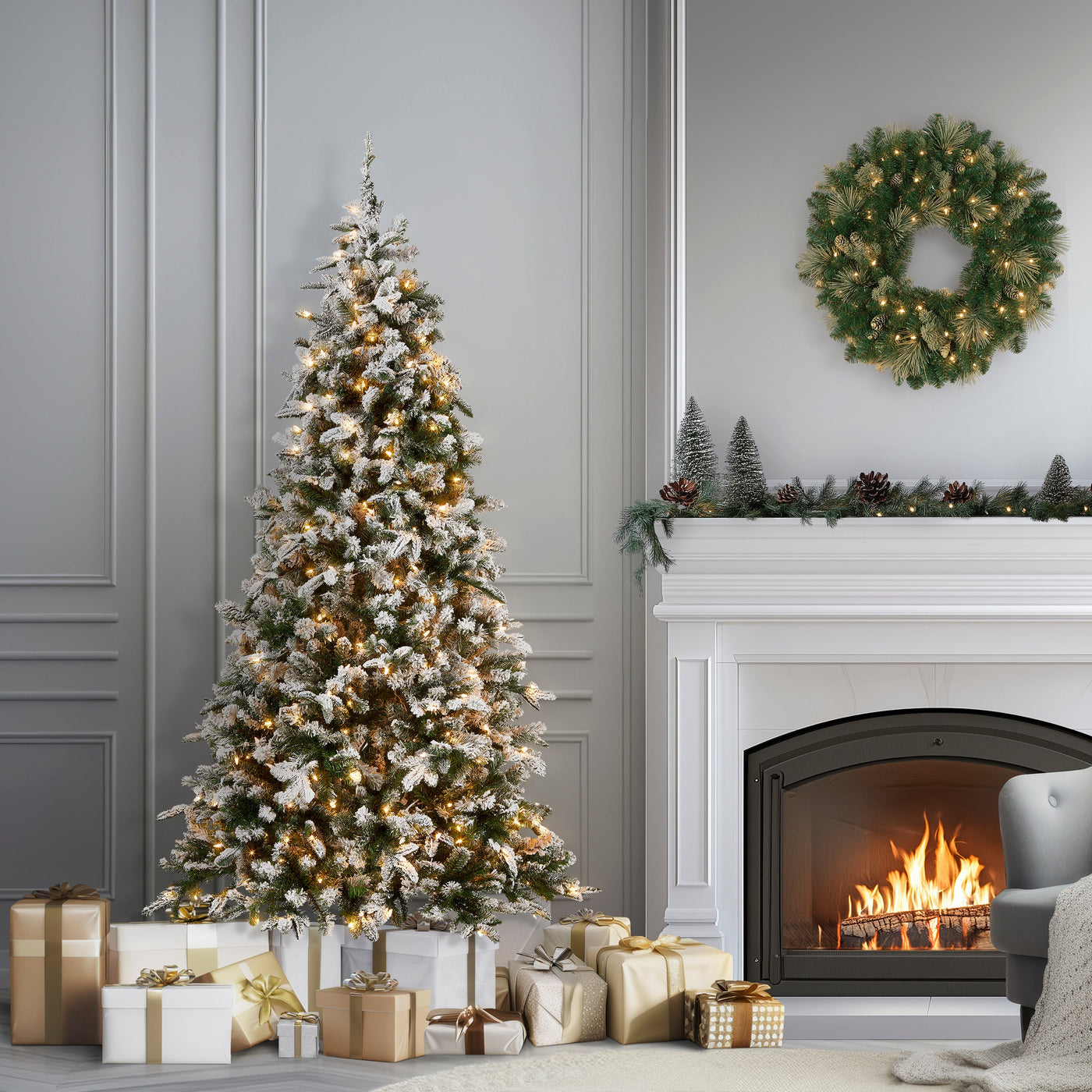 7.5 ft. Pre-Lit Snowy Everest Fir Medium Tree with Clear Lights