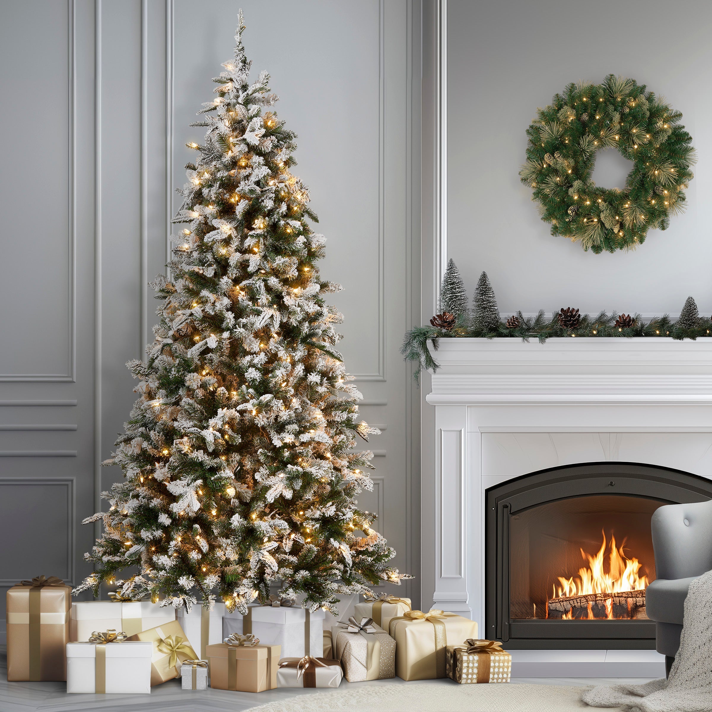 9 ft. Pre-Lit Snowy Everest Fir Medium Tree with Clear Lights