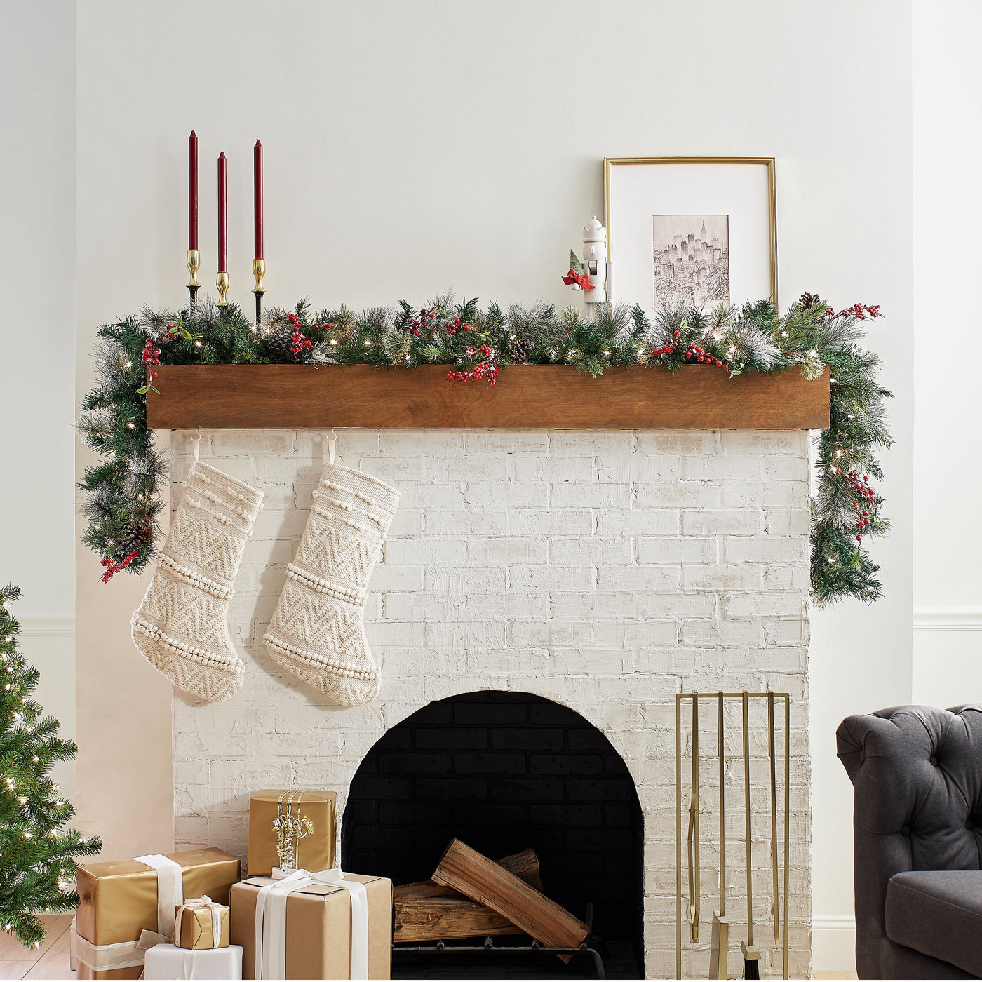 9 ft. Pre-Lit Wintry Berry Garland with Clear Lights, Plug-In
